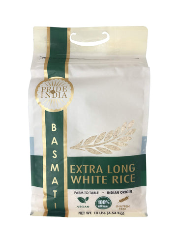 Pride Of India - Extra Long Indian Premium White Basmati Rice, 10 Pound (4.54 Kilo) Reclosable Bag - Naturally Aromatic, Aged, F