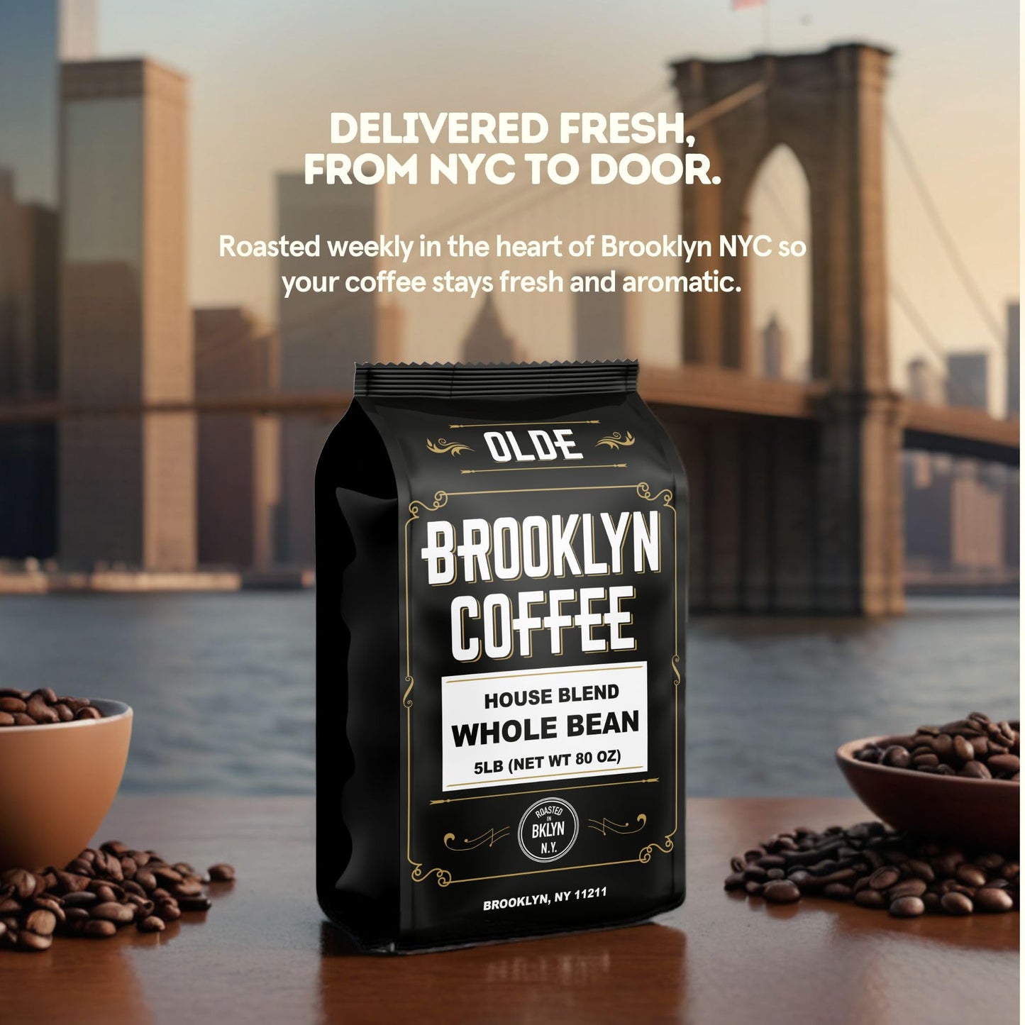 Brooklyn Coffee Whole Bean, House Blend Medium Roast (5Lb) Balanced, Breakfast, Classic - Fresh Bulk Coffee Beans Roasted Weekly