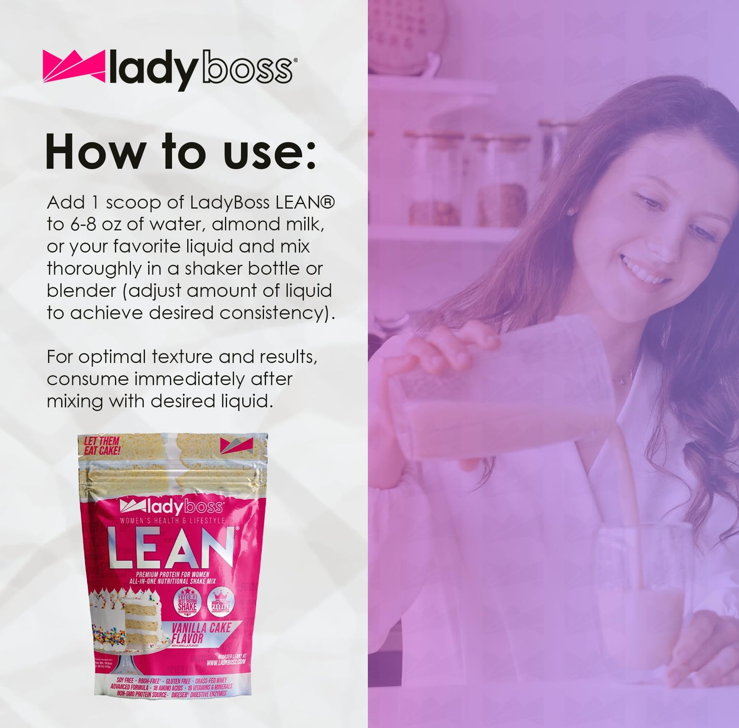 LadyBoss Lean Protein Shake - Vanilla Cake Flavor, Meal Replacement with 18 Nutrients, 31 oz, 30 Servings