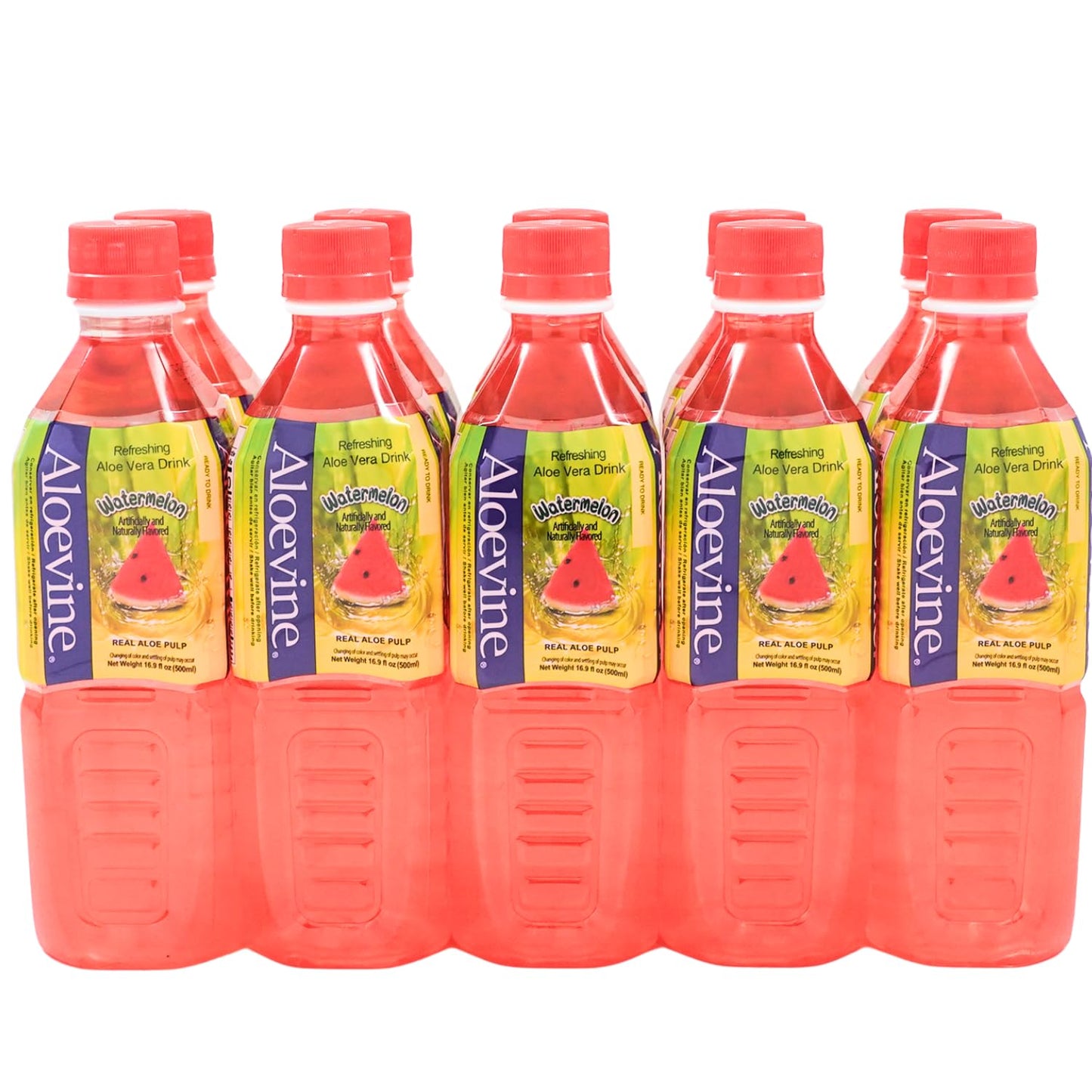 Aloevine Aloe Vera Juice Drink Watermelon Pure With Chunks Of Aloe | 16.9 Oz 10 Pack | Plant Based Vegetable Korean Drinks