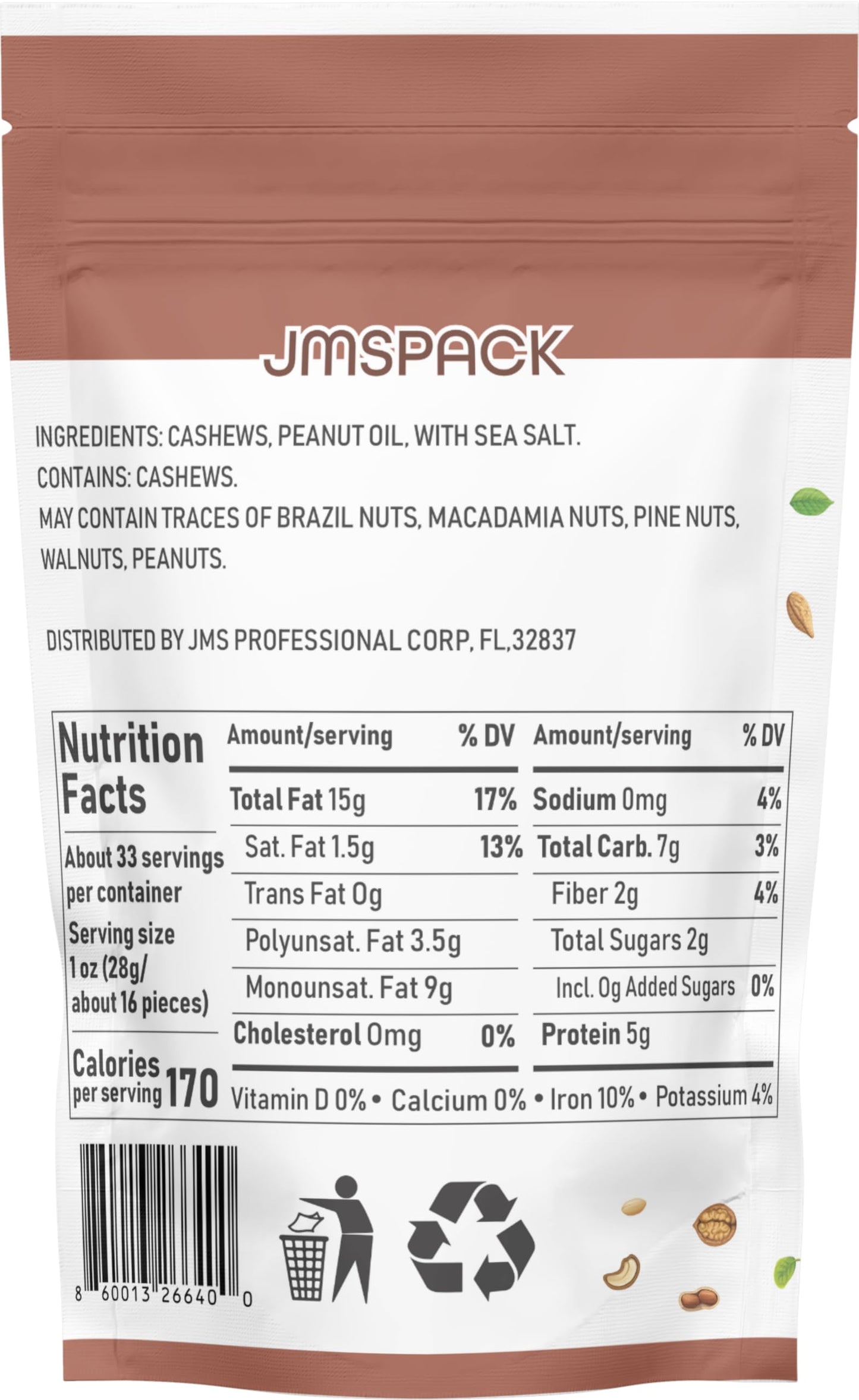 Jmspack - Whole Cashews With Sea Salt, 16 Ounces (1 Lb)