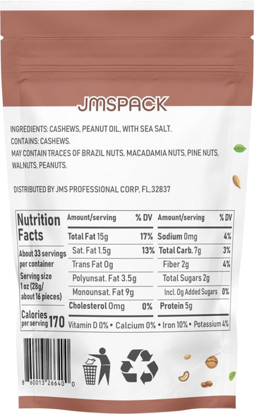 Jmspack - Whole Cashews With Sea Salt, 16 Ounces (1 Lb)