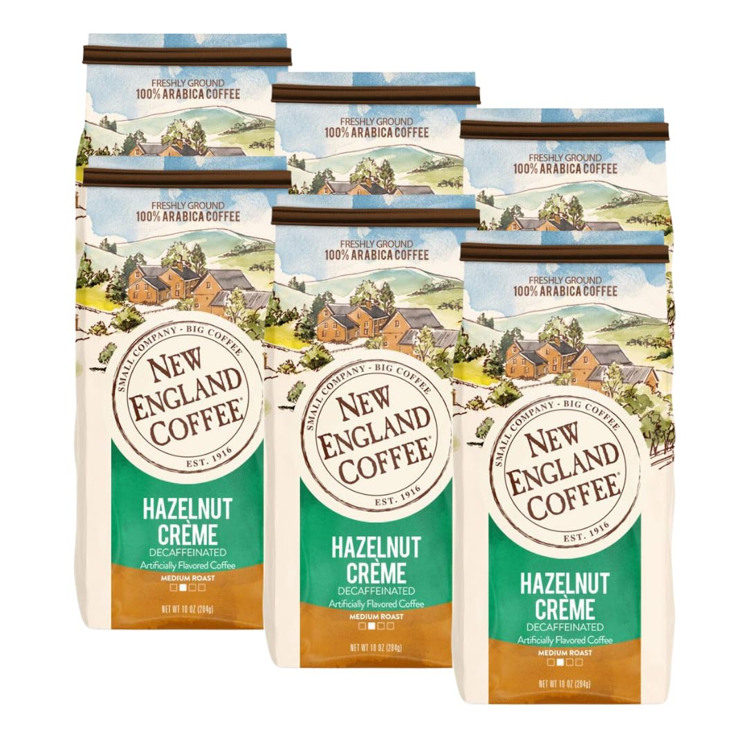 New England Coffee Hazelnut Crème Decaffeinated Medium Roast Ground Coffee, 10Oz Bag (Pack Of 6)