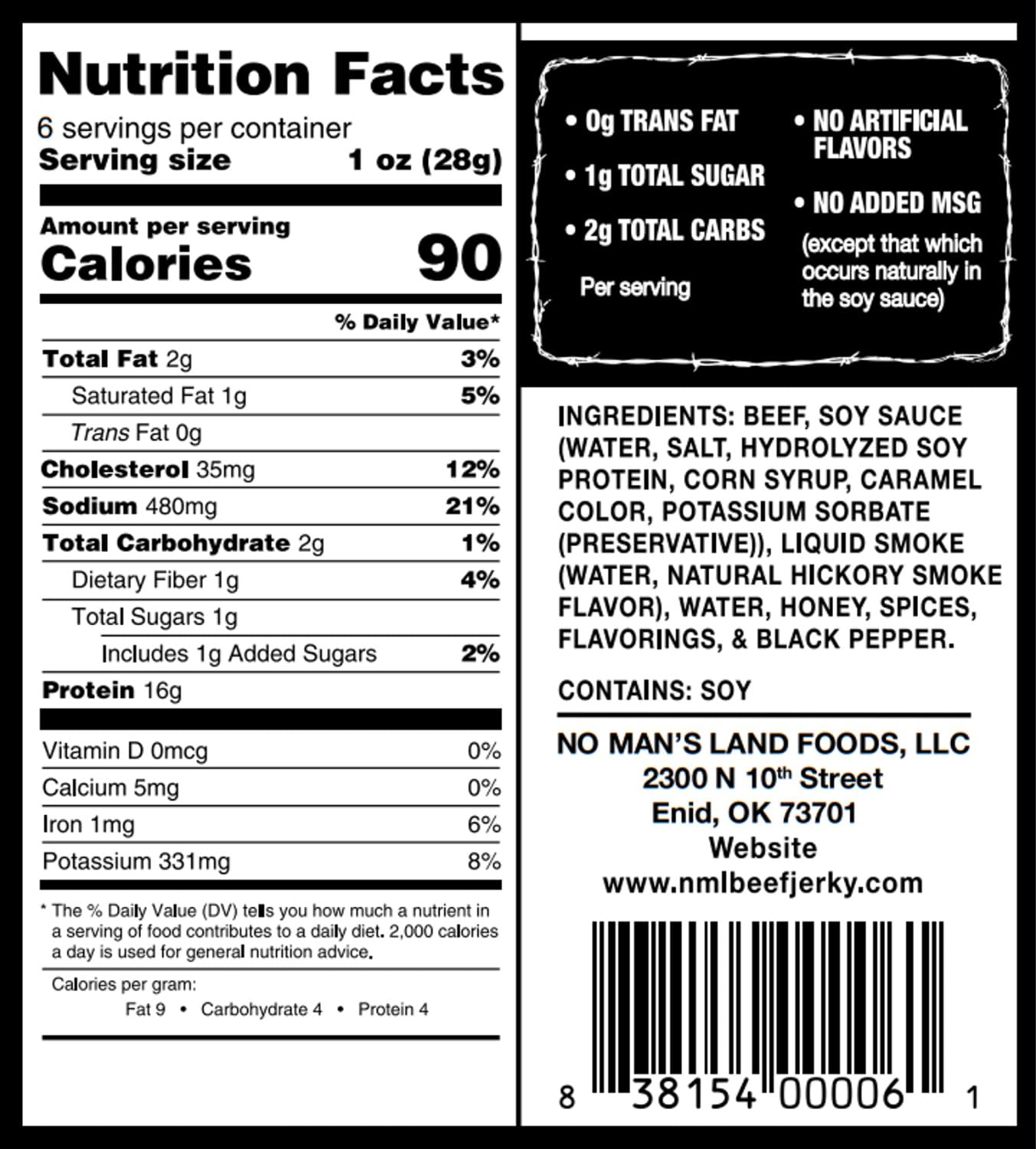 NO MANS LAND BEEF JERKY - Beef Snack, Low Calorie, Low Carb, High Protein, Black Pepper, 6 Ounce (Pack of 1)