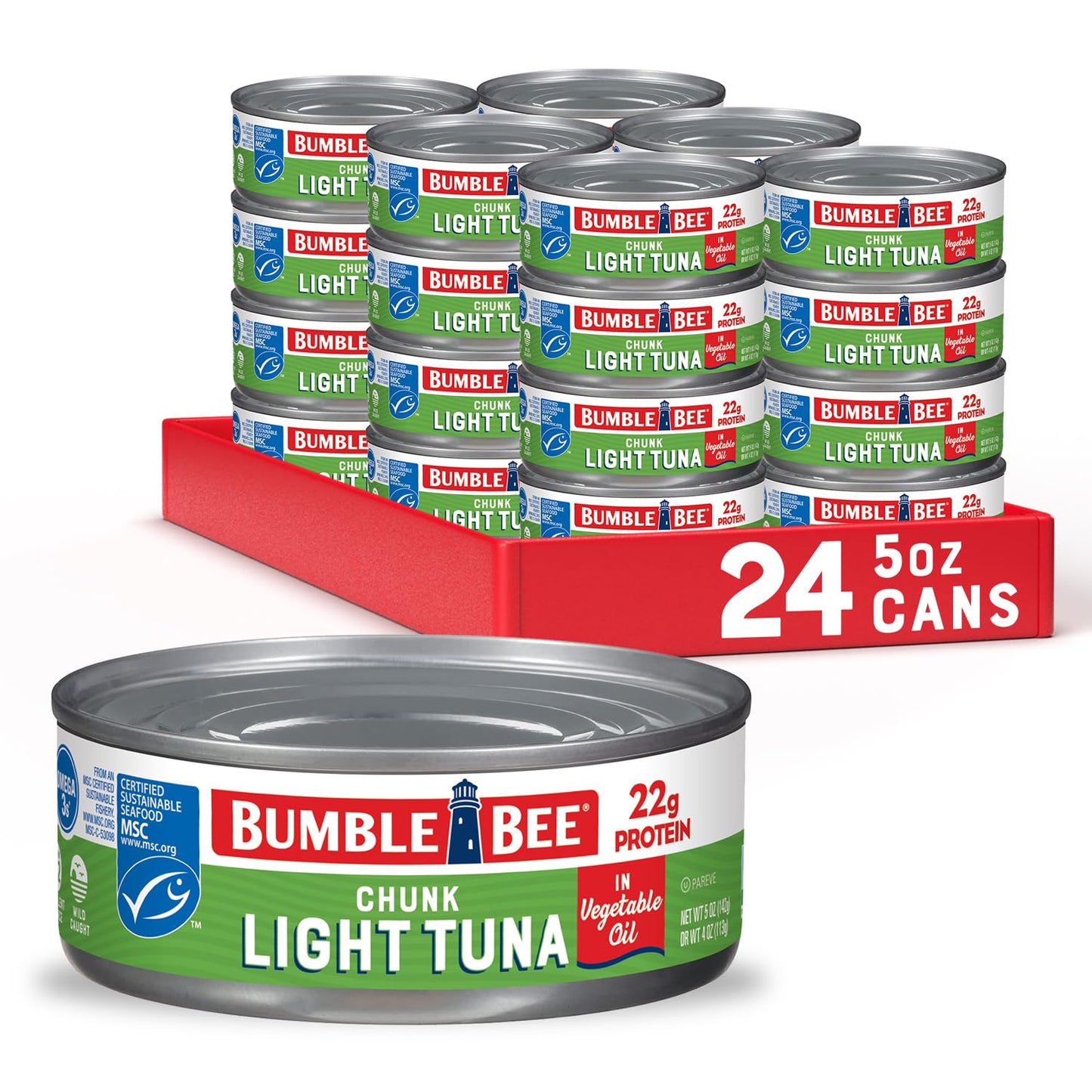 Bumble Bee Chunk Light Tuna In Oil, 5 Oz Cans (Pack Of 24) - Wild Caught Tuna - 22G Protein Per Serving - Non-Gmo Project Verified, Gluten Free, Kosher - Great For Tuna Salad And Recipes