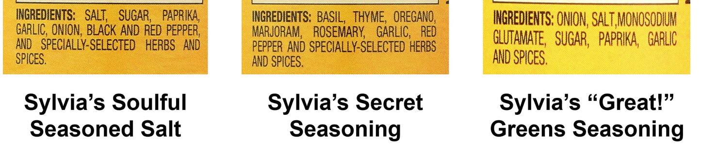 Sylvia's Seasoning Variety Pack - 3 The Sylvias Way! (Great! Greens Seasoning 5.25oz, Soulful Seasoned Salt 7oz, Secret Seasonin