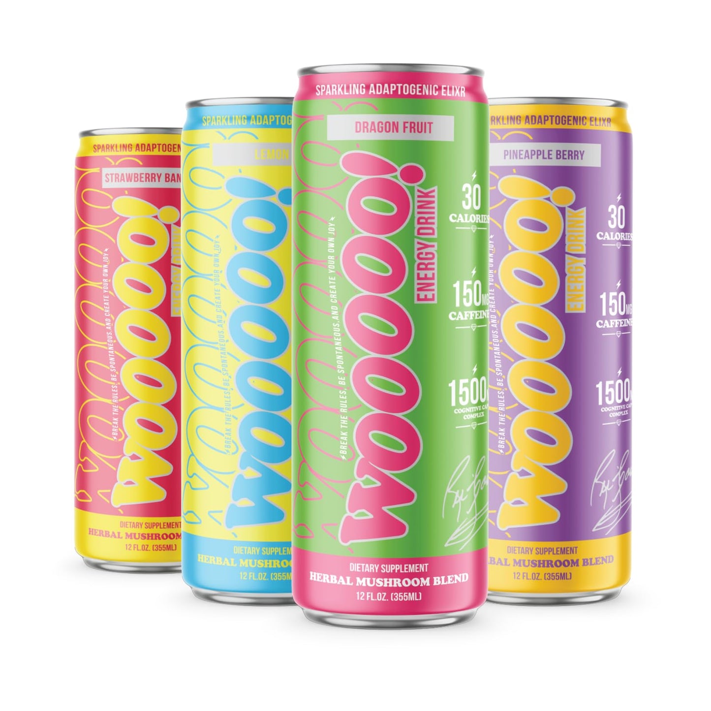 Wooooo! Energy Ric Flair Sparkling Adaptogenic Mushroom Energy Drink | Natural Antioxidants & Nootropics | Lions Mane & Cordyceps | 150Mg Energy Blend | 12 Pack (Variety Pack)