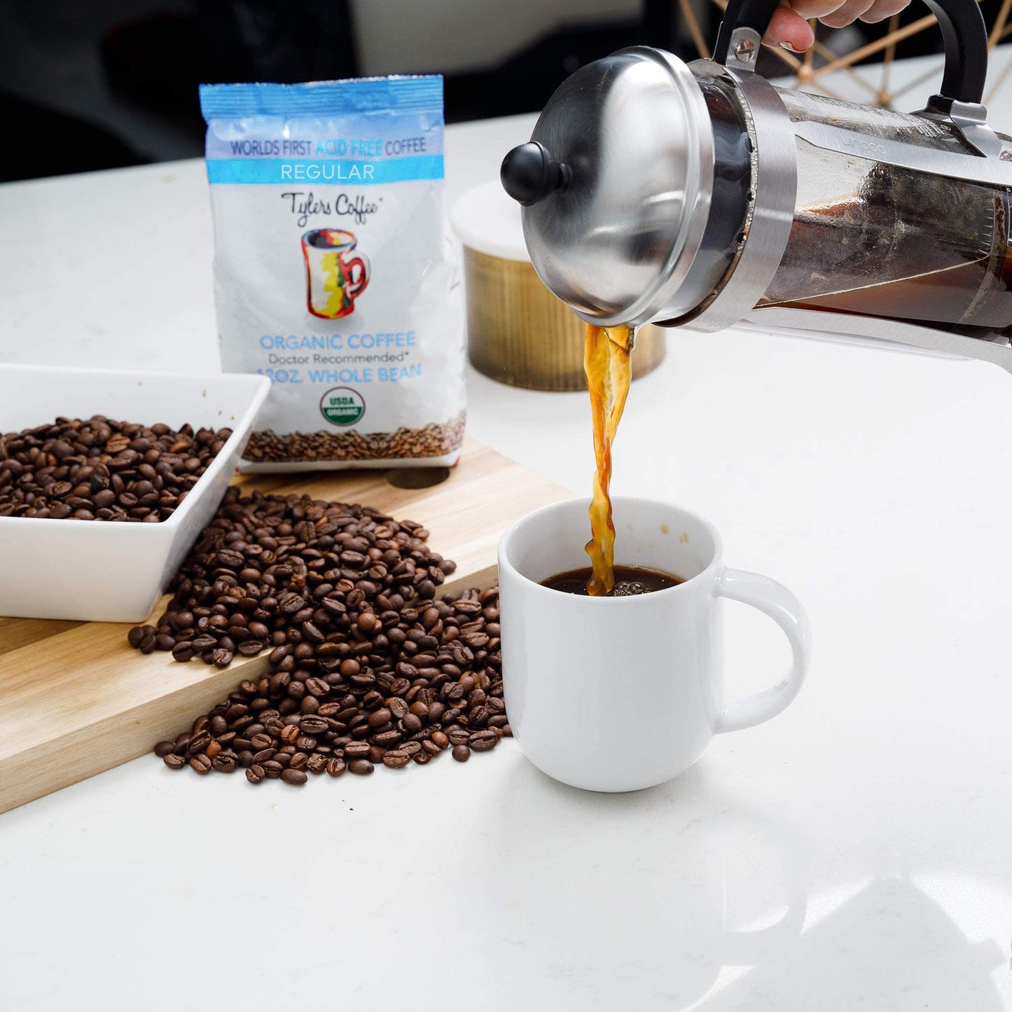 Tylers Acid Free Organic Whole Beans - 100% Arabica Full Flavor - Caffeinated No Bitter Aftertaste - For Acid Free Diets- Natura