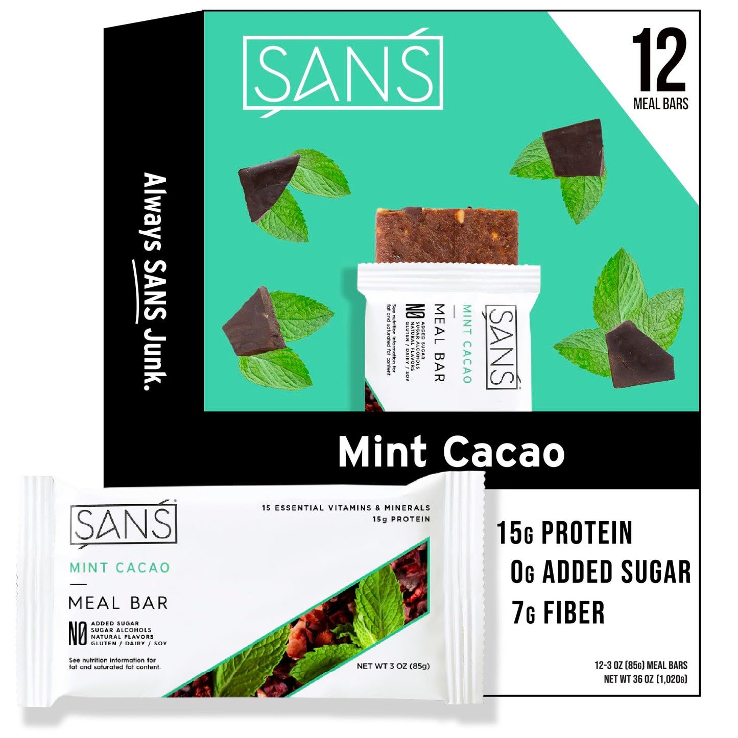 Sans Meal Replacement Protein Bar, Gluten Free, Healthy High Protein Snacks, High Fiber, No Sugar Added, Dairy Free, Soy Free, Mint Cacao, 12 Bars