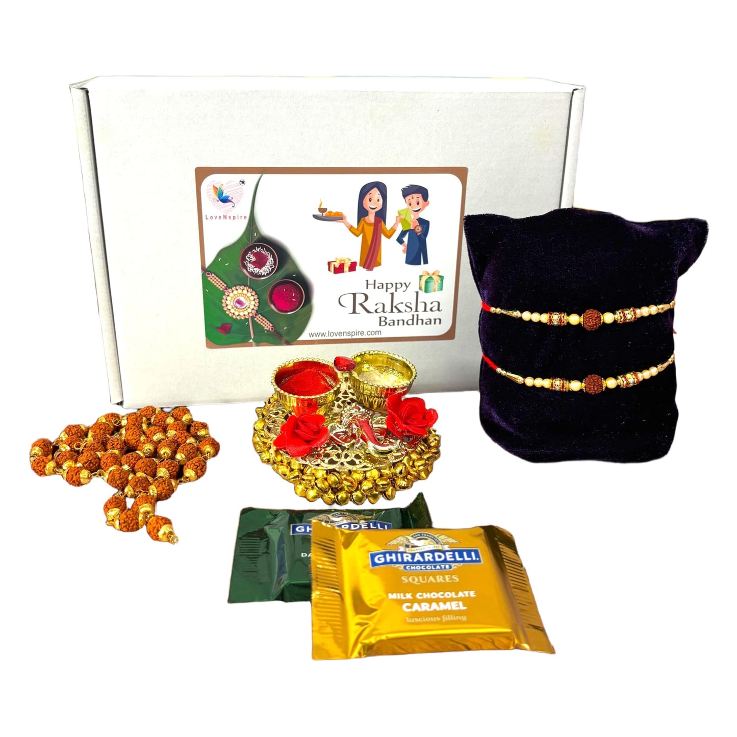 Lovenspire Rakhi Gift Hamper For Brother Set Of 2 Rakhi With Rudraksha Mala Haldi Kumkum Holder Roli Chawal Rakshabandhan Card Chocolates With Gift Set - Raksha Bandhan Bracelet For Bhai Bhabhi