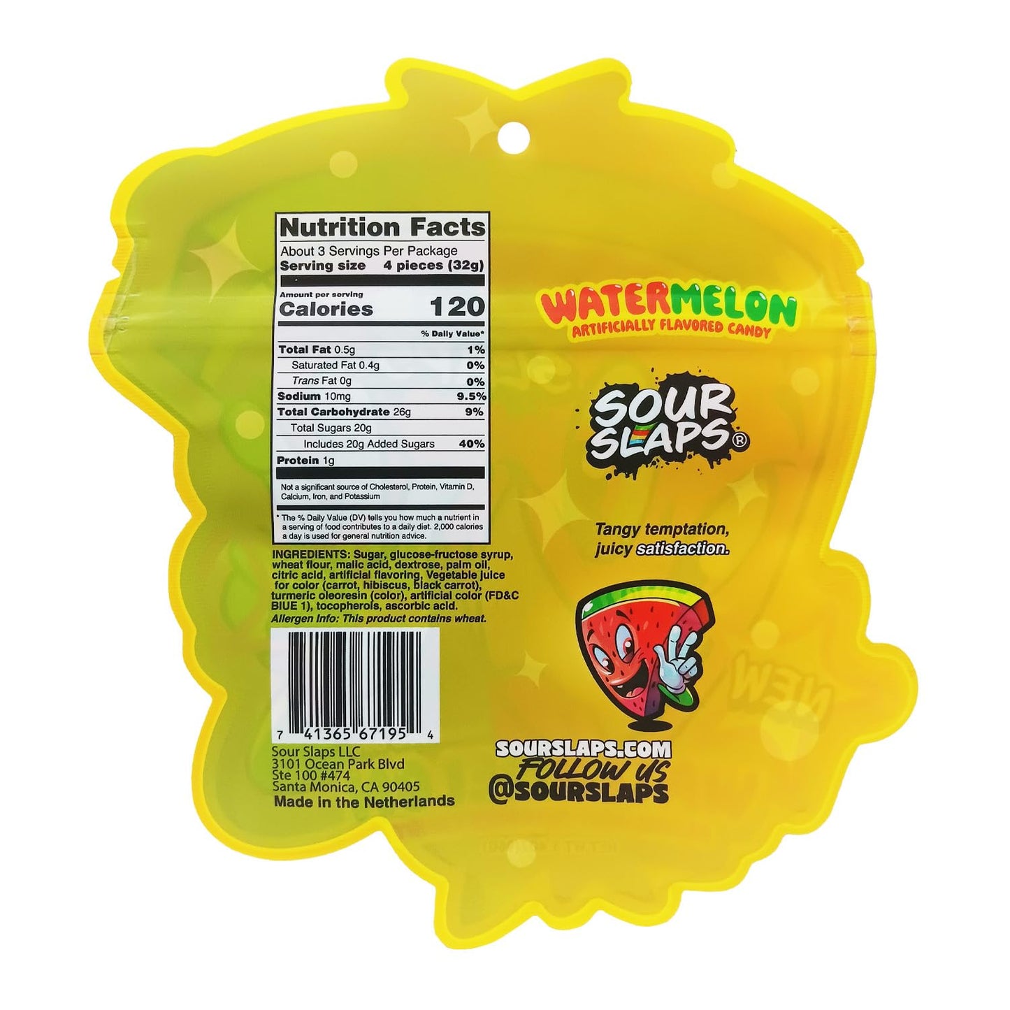 Sour Slaps Sour Candy Belts 3-Pack - Vegetarian, Extreme Sour, Watermelon Flavor, Multi-color, Medium Size