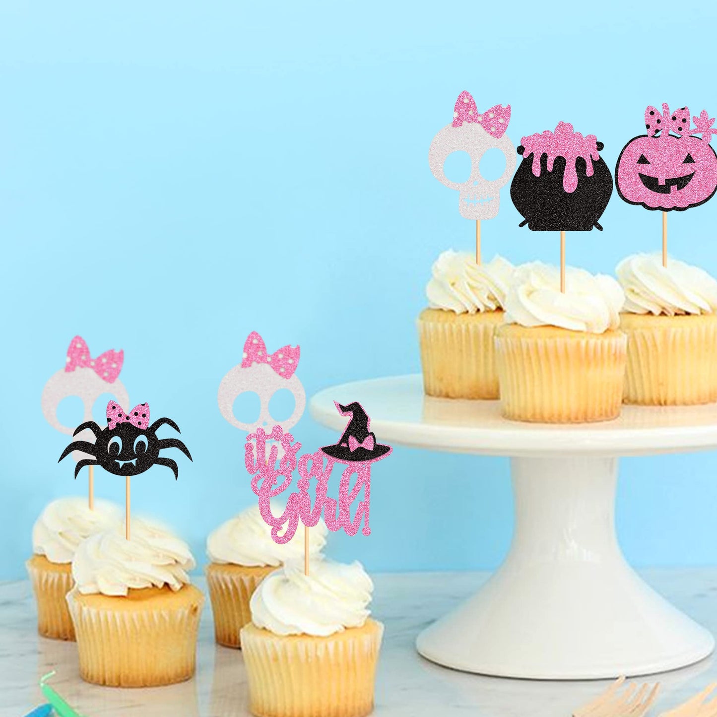 Ercadio 30 Pack Halloween Its A Girl Cupcake Toppers Glitter Pink Halloween Pumpkin Cupcake Toppers Spider Skull Cupcake Picks F