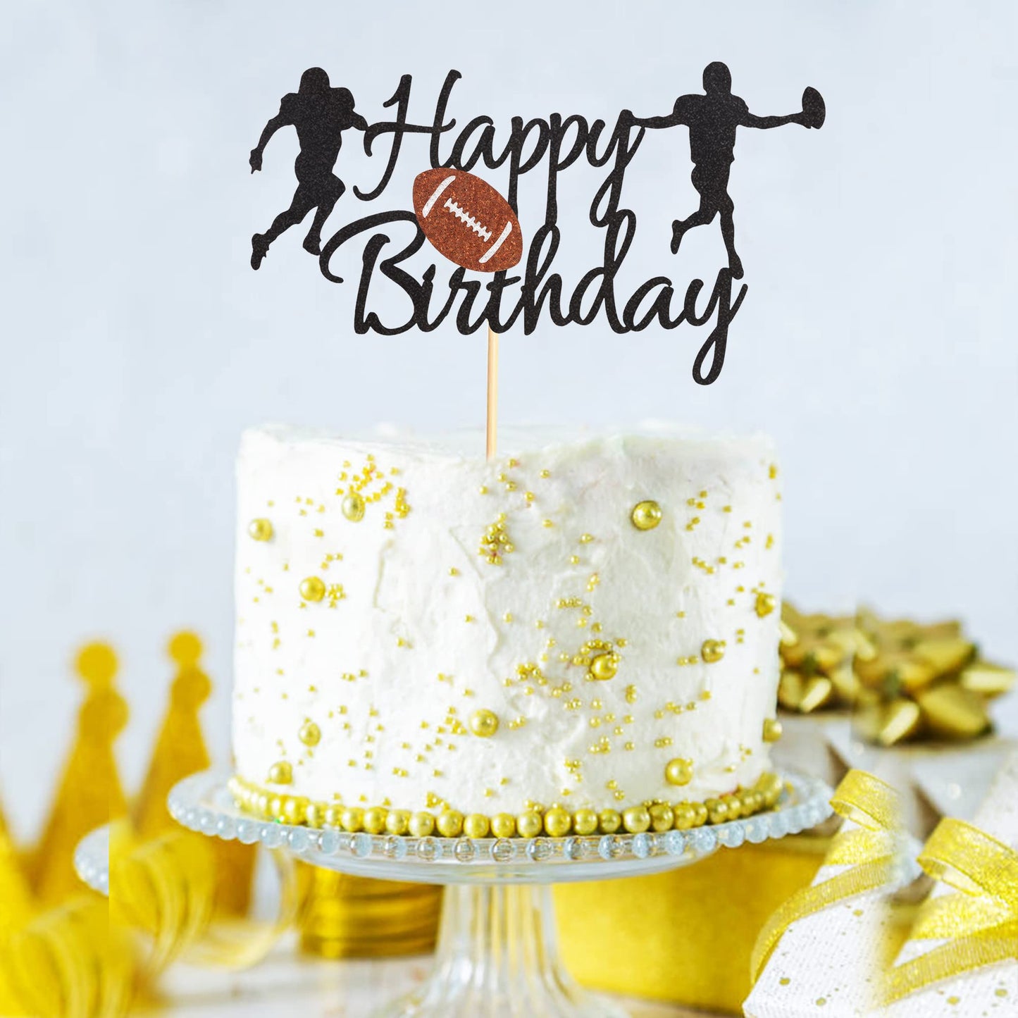 Arthsdite Football Cake Topper - Rugby Ball Happy Birthday Cake Topper For Football / Sport Theme For Man Kids Boy Birthday Party Decoration - Black Glitter