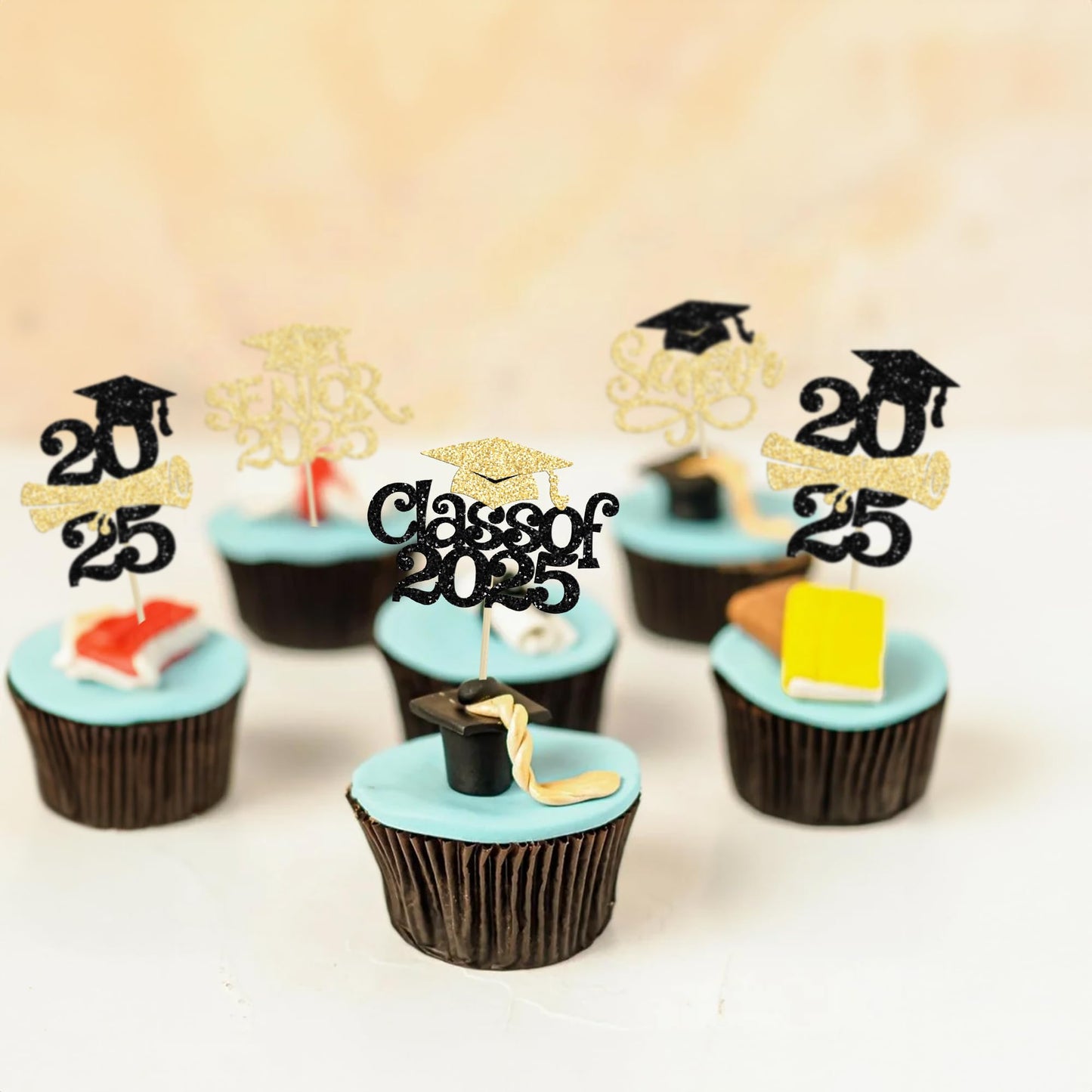 Gyufise 24Pcs Graduation Cupcake Toppers, Glitter Senior Class of 2025 Decorations, Gold Paper Picks