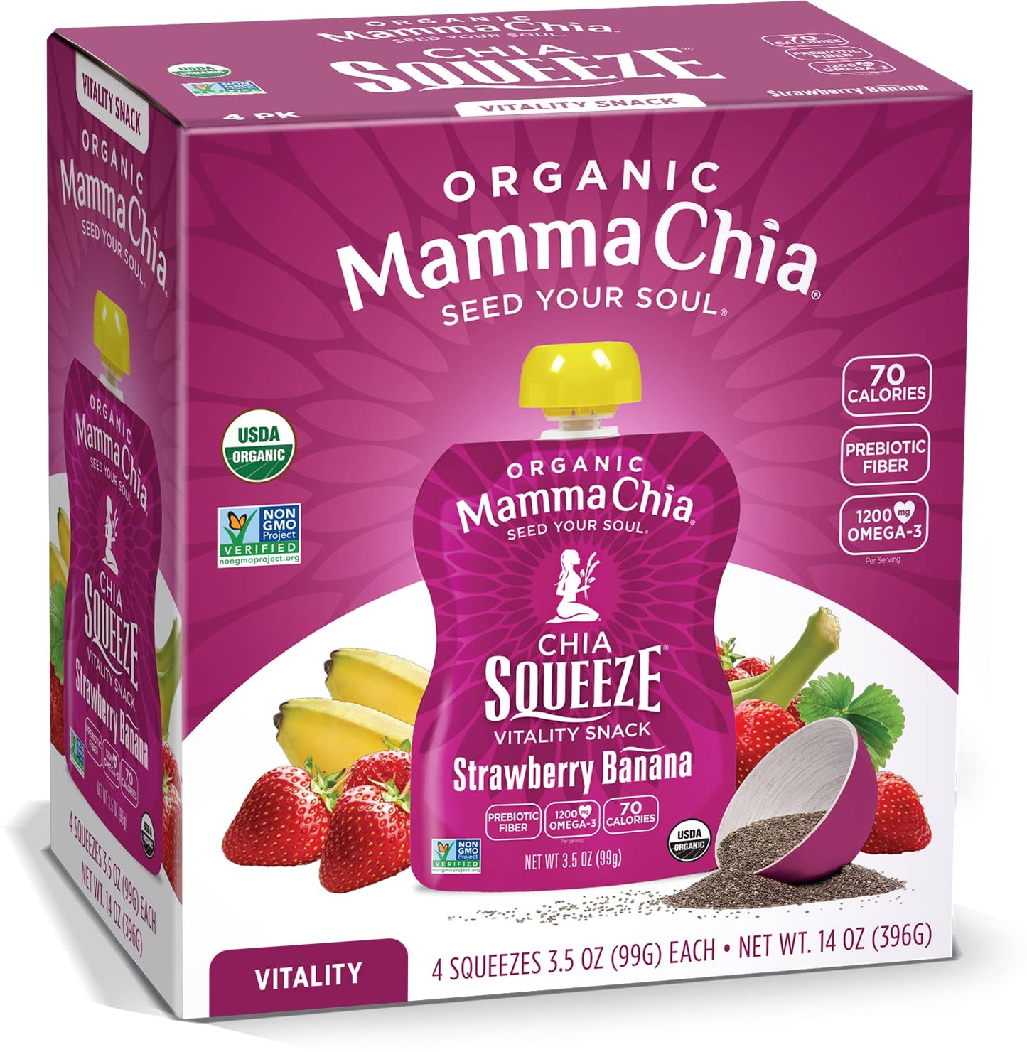 Mamma Chia Organic Vitality Squeeze Snack, Strawberry Banana, USDA Organic, Non-GMO, Vegan, Gluten Free, and Kosher. Fruit and V