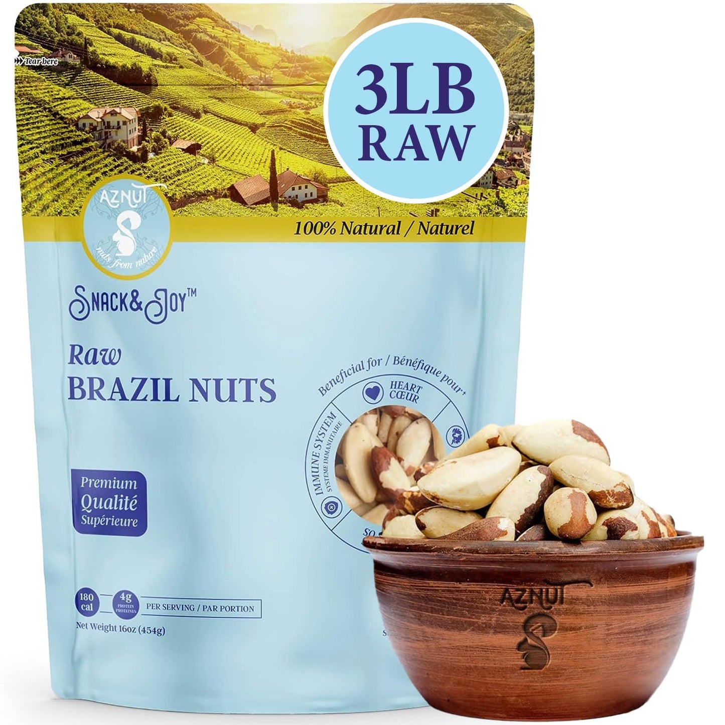 Aznut Brazil Nuts, Superior To Natural And Raw Shelled, No Ppo, Vegan And Keto Friendly, Gluten Free, Peanut Free And Vegan, Non Gmo Certified Premium Quality Super Food, Fresh And Crunchy, Kosher Certified (Raw, 3 Lb)