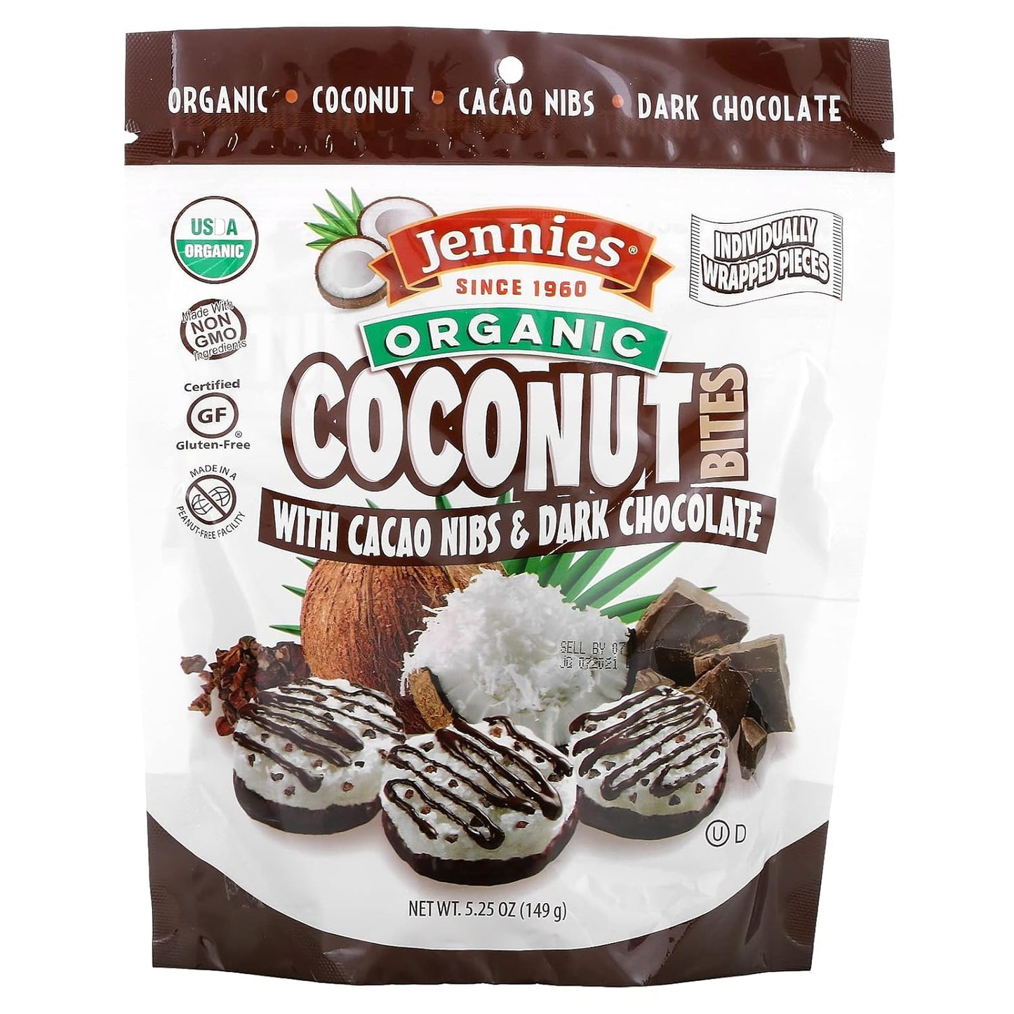 Jennies Organic Coconut Bites With Cacao Nibs And Dark Chocolate, 5.25Oz (6 Pack) | Gluten Free | Peanut Free | Dairy Free | Non