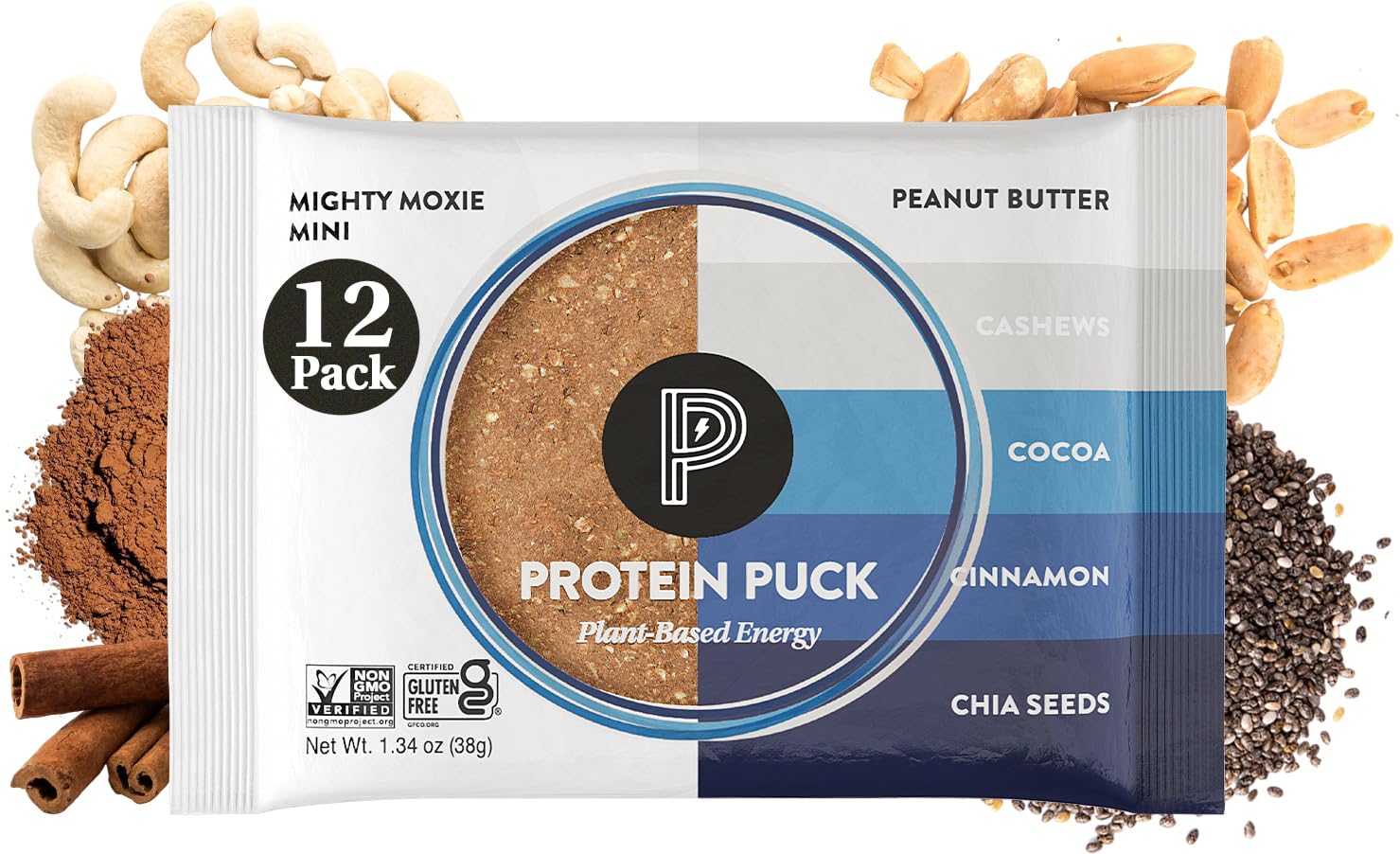 Protein Puck Vegan Plant based Protein Bar - Natural Healthy Snack Bars, 12 Count, 1.34oz Mini, Gluten Free, Dairy Free, No GMO,
