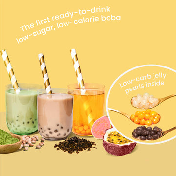 Bubluv Low Sugar Bubble Tea With Low-Carb Jelly Pearls - 3 Flavor Variety Pack (2 Bottles Each Of Black Milk Tea, Matcha Soy Lat