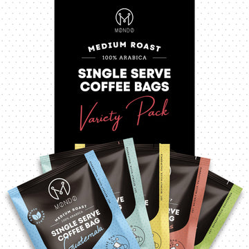 Mondo Single Serve Coffee Bags (20 Cups) Variety Pack - Organic Medium Roast - Disposable Portable Coffee Filters for Camping and Travel Sampler Box of 5 Ground Coffee Flavors