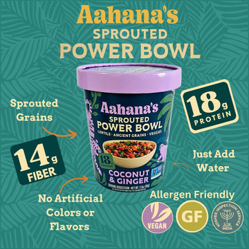 Aahanas Sprouted Power Protein Bowl - Coconut & Ginger -18g Plant-Protein | Gluten Free, High Fiber Meals, Kosher, Vegan Food,