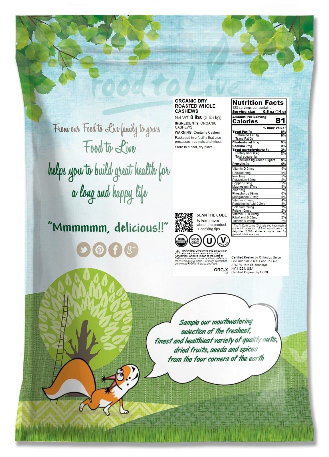 Food to Live Organic Dry Roasted Whole Cashews, 8 Pounds Non-GMO, Unsalted, Oven Roasted Nuts, No Oil Added, Kosher, Vegan, Bulk