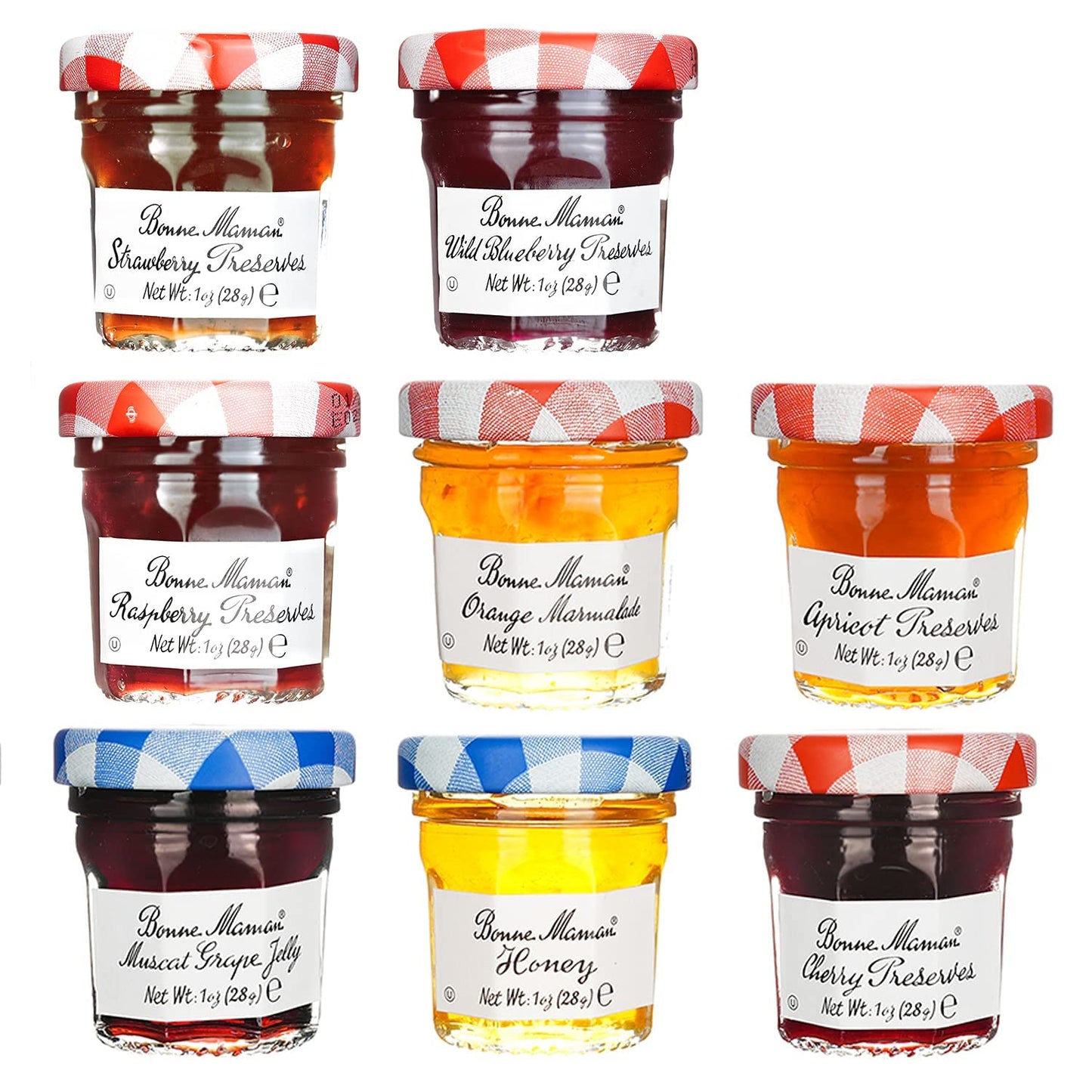 Bonne Maman Assorted Preserves - Strawberry, Apricot, Raspberry, Orange, Cherry, Honey, Grape, Blueberry - 8 Jars X 1 Oz
