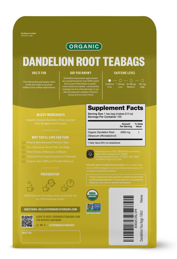 FGO Organic Roasted Dandelion Root Tea Bags, 100 Count, Eco-Conscious Packaging, Herbal Wellness Tea, Natural Detox