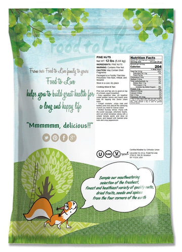 Food To Live - Pine Nuts, 12 Pounds - Whole Raw Pignolias, Unsalted, Kosher. Rich In Vitamin E, Protein. Great For Pesto, Salads