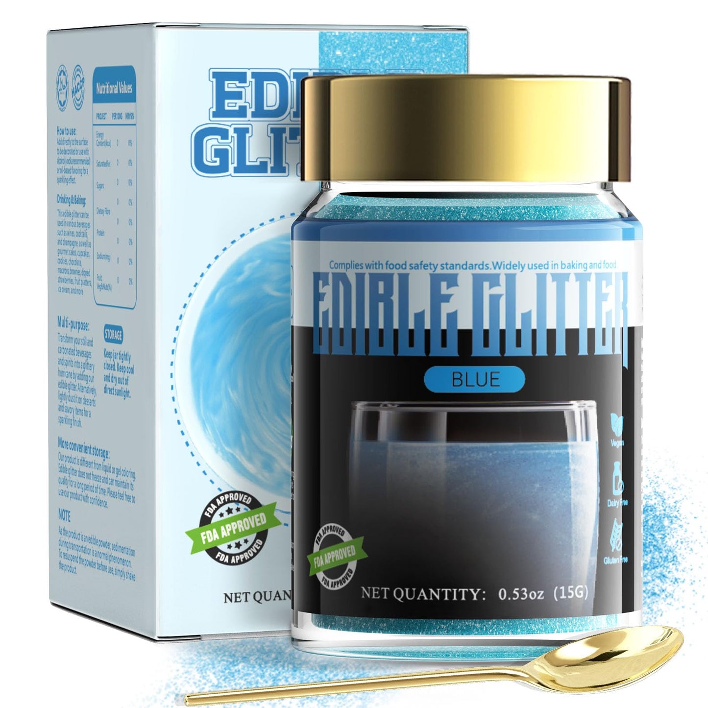 LOCDO Edible Glitter, Luster Dust for Drinks & Food, Vegan, Allergen-Free, Large 15G, Blue