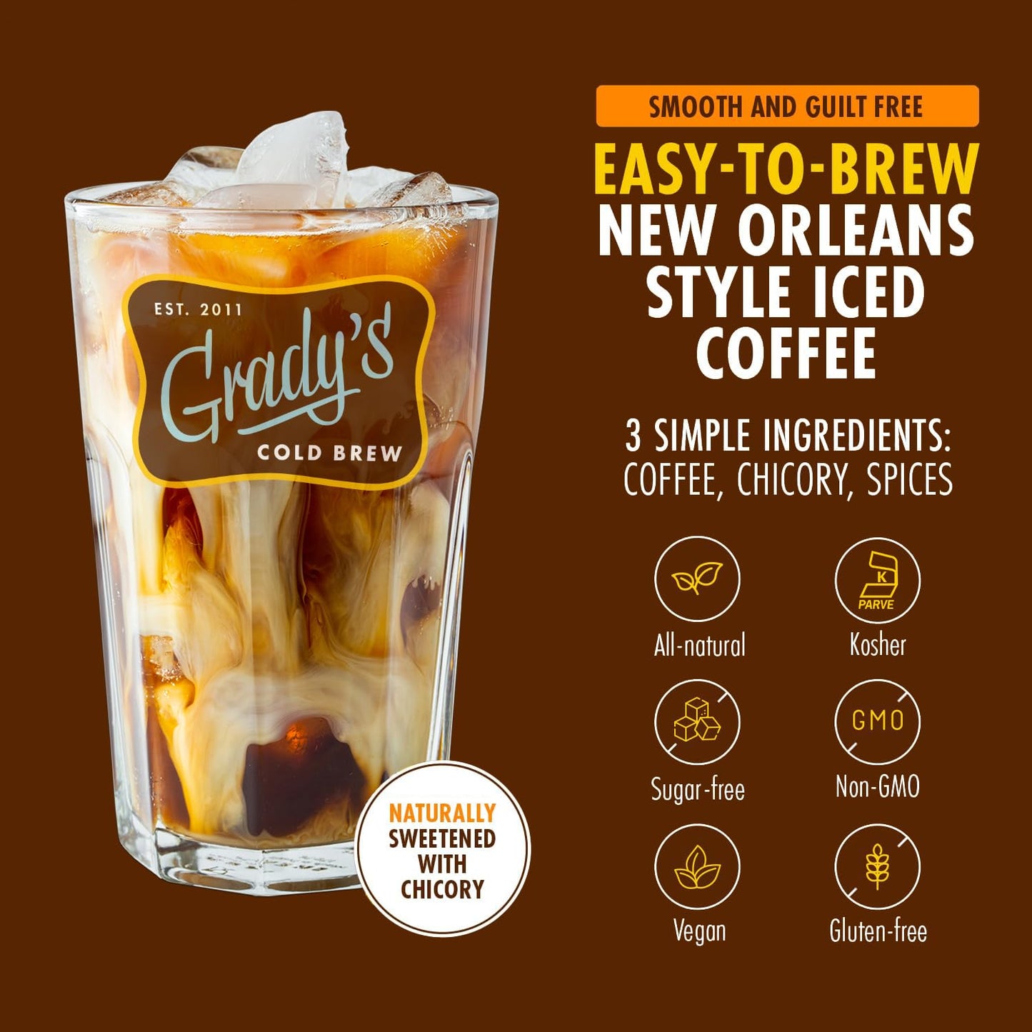 Gradys Cold Brew New Orleans Style Coffee, 100% Arabica Medium Dark Roast, Ground for Hot Coffee & Cold Brew, 16 Ounce Bag