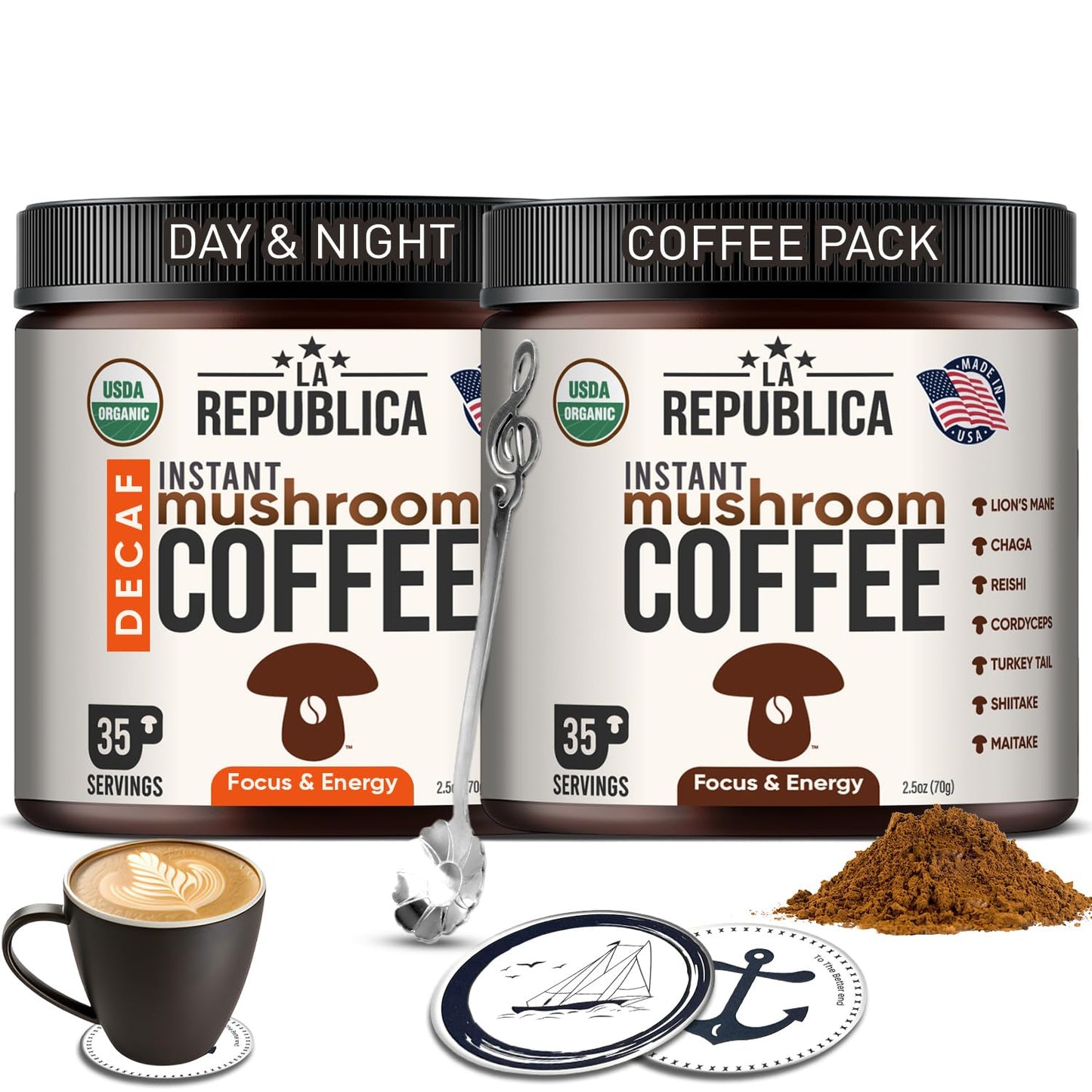 La Republica Organic Instant Mushroom Coffee (2.5Oz) + Decaf (2.5Oz) - 70 Servings With Coasters & Mixing Spoon - 100% Arabica With LionS Mane Reishi Chaga Cordyceps Shiitake Maitake Turkey Tail