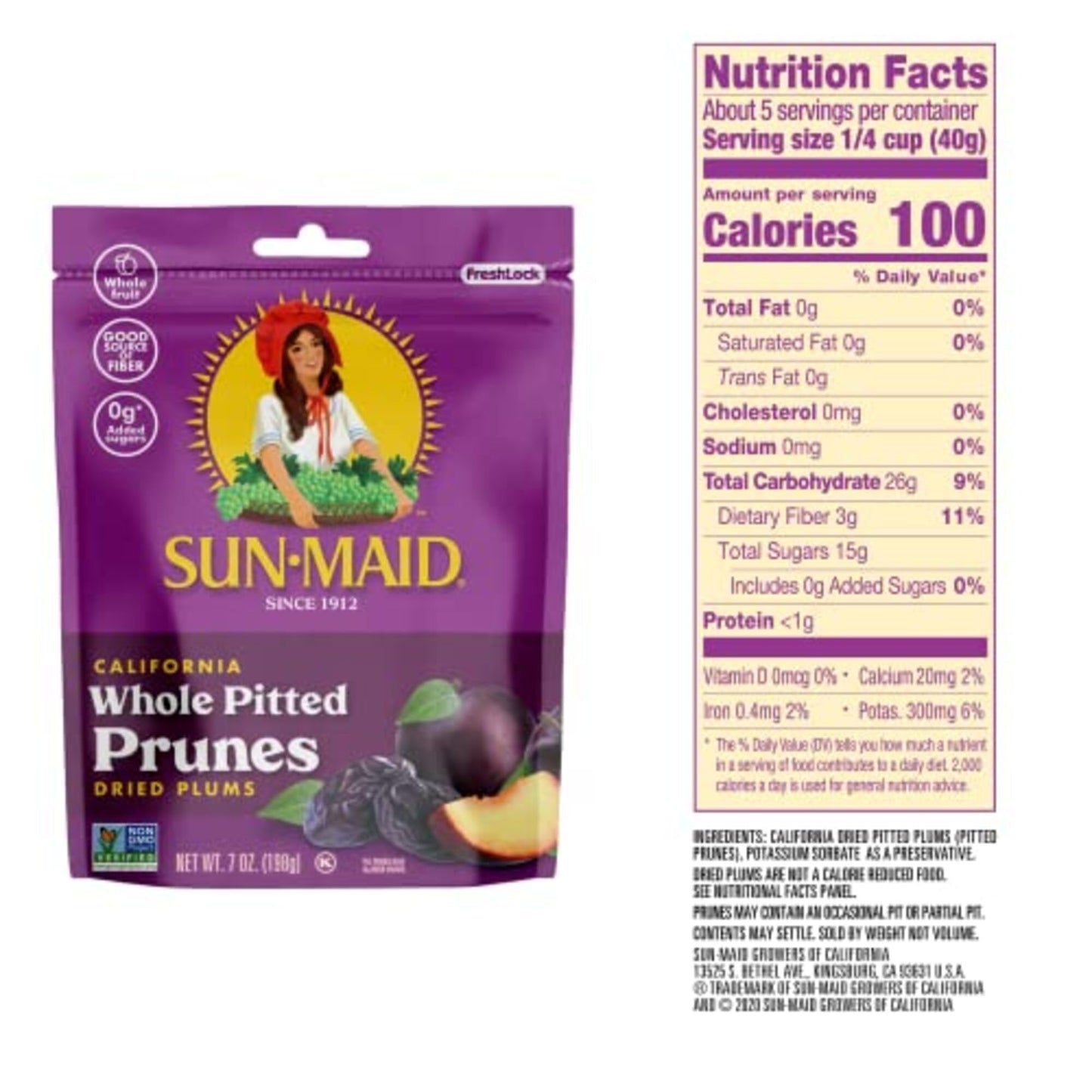 Sun-Maid California Sun-Dried Whole Pitted Prunes - (12 Pack) 7 oz Resealable Bag - Dried Plums - Dried Fruit Snack for Lunches,