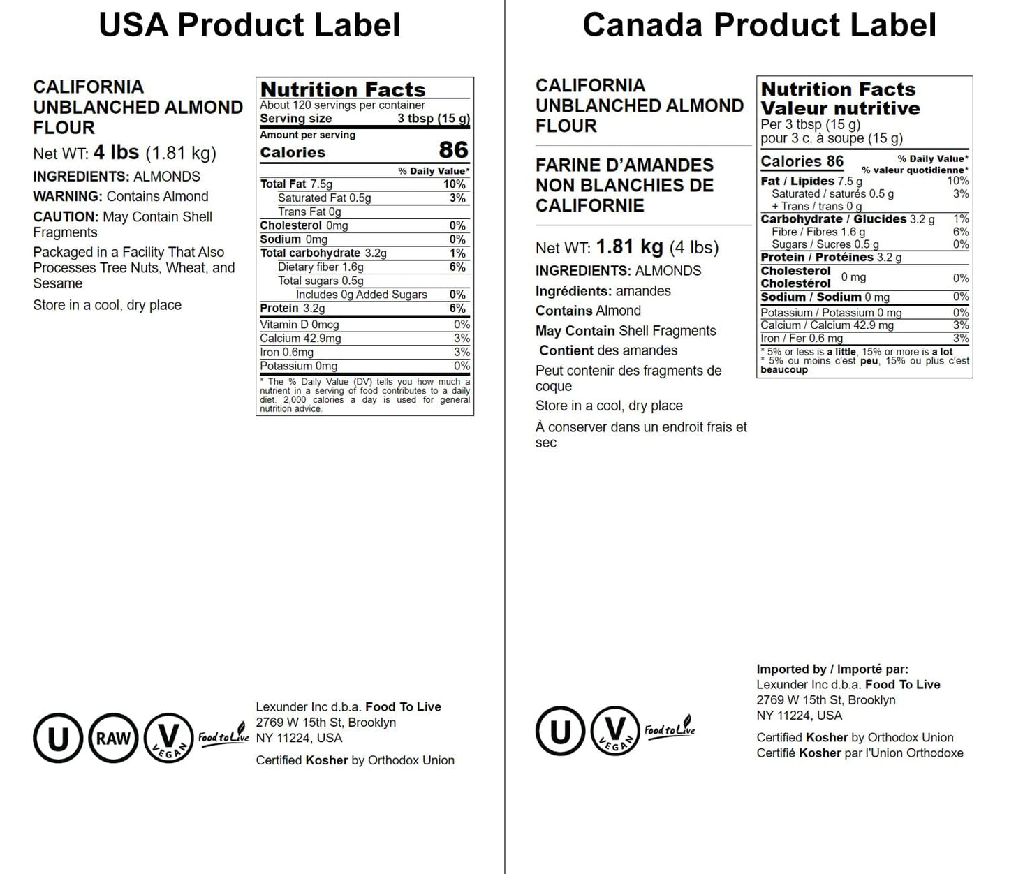 Food To Live California Unblanched Almond Flour, 4 Pounds - Natural Meal, Finely Milled With Skin On, Raw Kosher Vegan Keto Pale