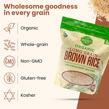 Wellsley Farms Organic Long-Grain Brown Rice | Usda Certified, Kosher, Gmo-Free | Quick-Cooking, Nutty Flavor, And Versatile For