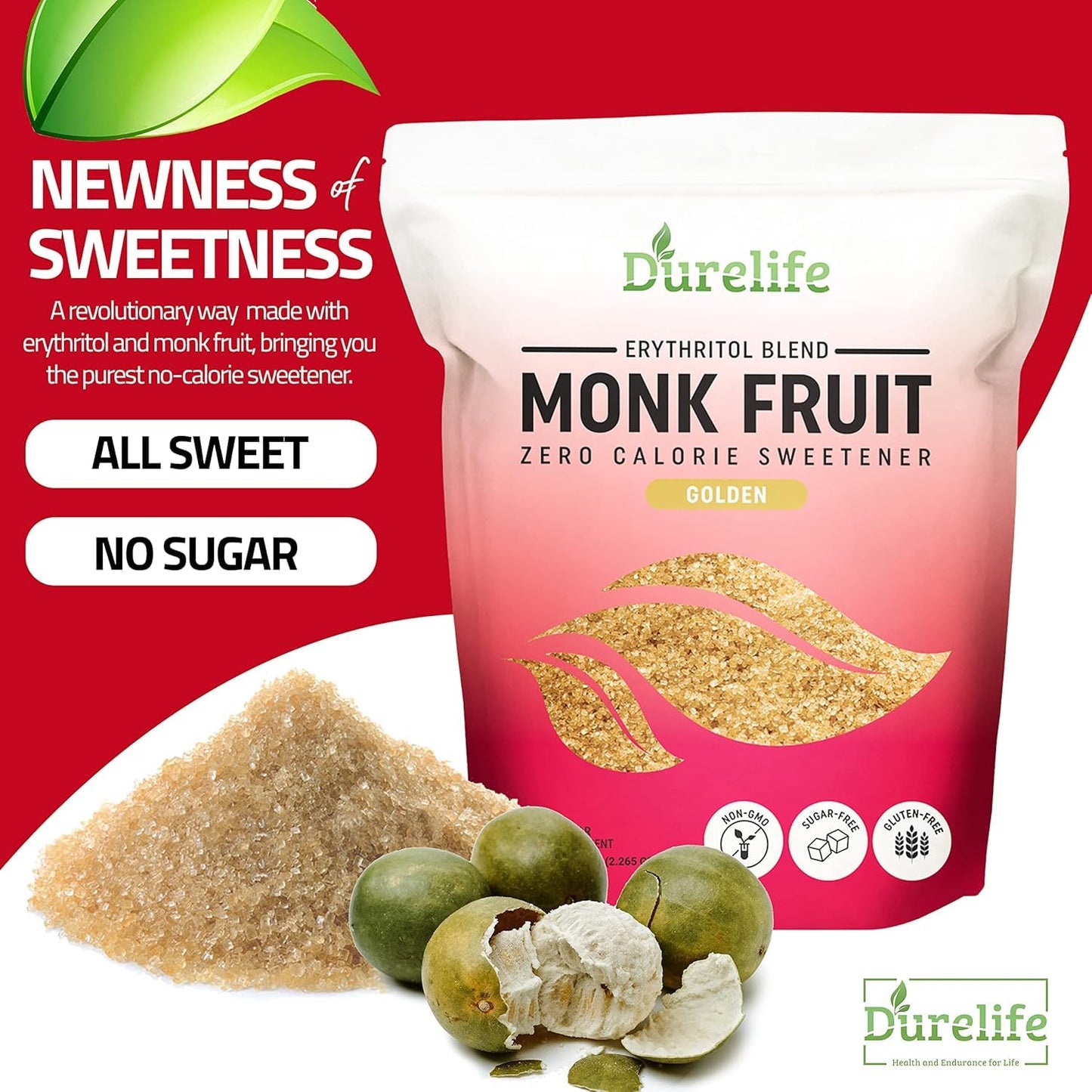 Durelife Golden Monk Fruit Sweetener, 1:1 Sugar Replacement, Keto Diet Friendly, Zero Calorie, Kosher Sugar Substitute Crystal,