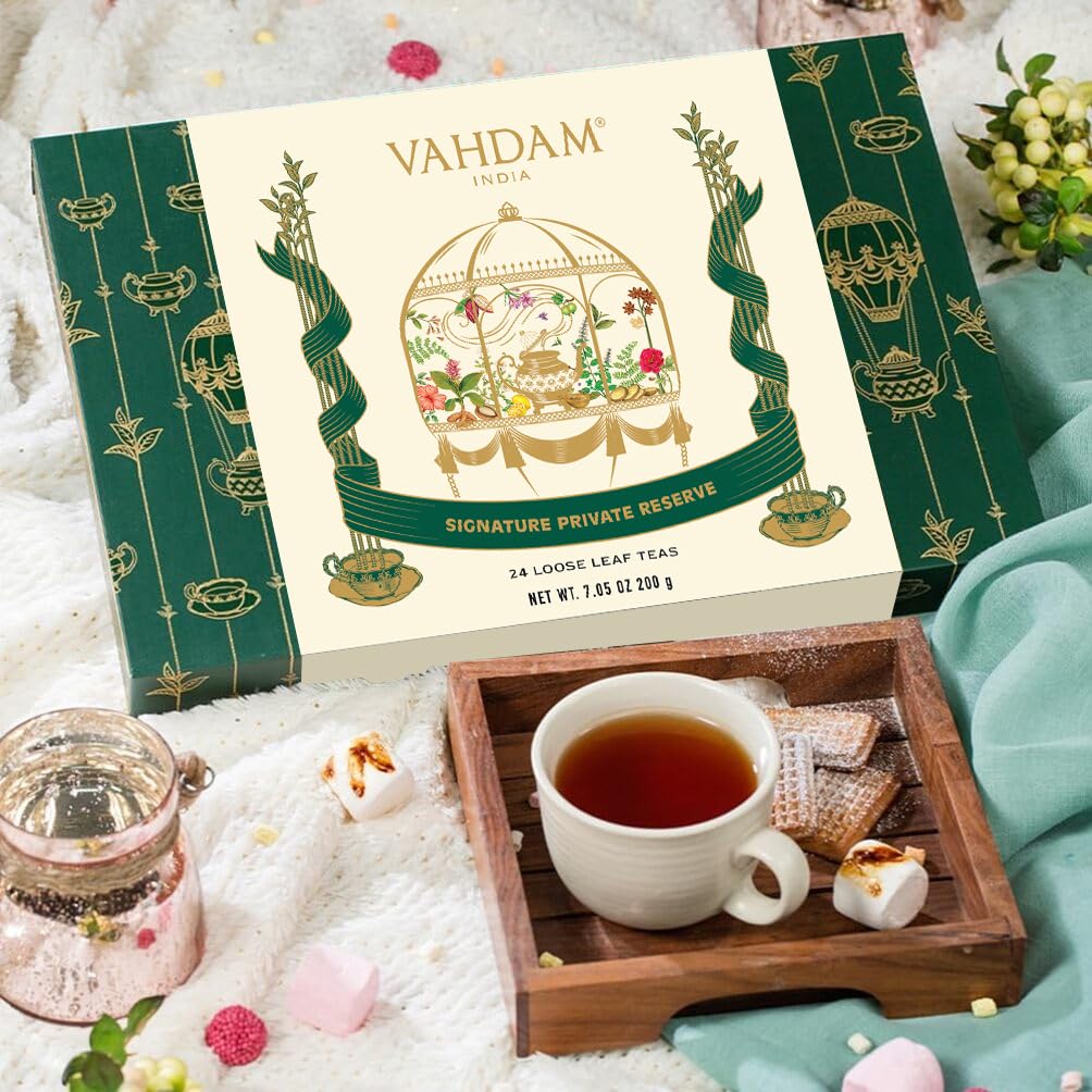 VAHDAM elegant Tea Gift Set - 24 Unique Loose Leaf Teas in Tin Caddies, Gluten Free, Non GMO, Perfect Gift for mature-themeds