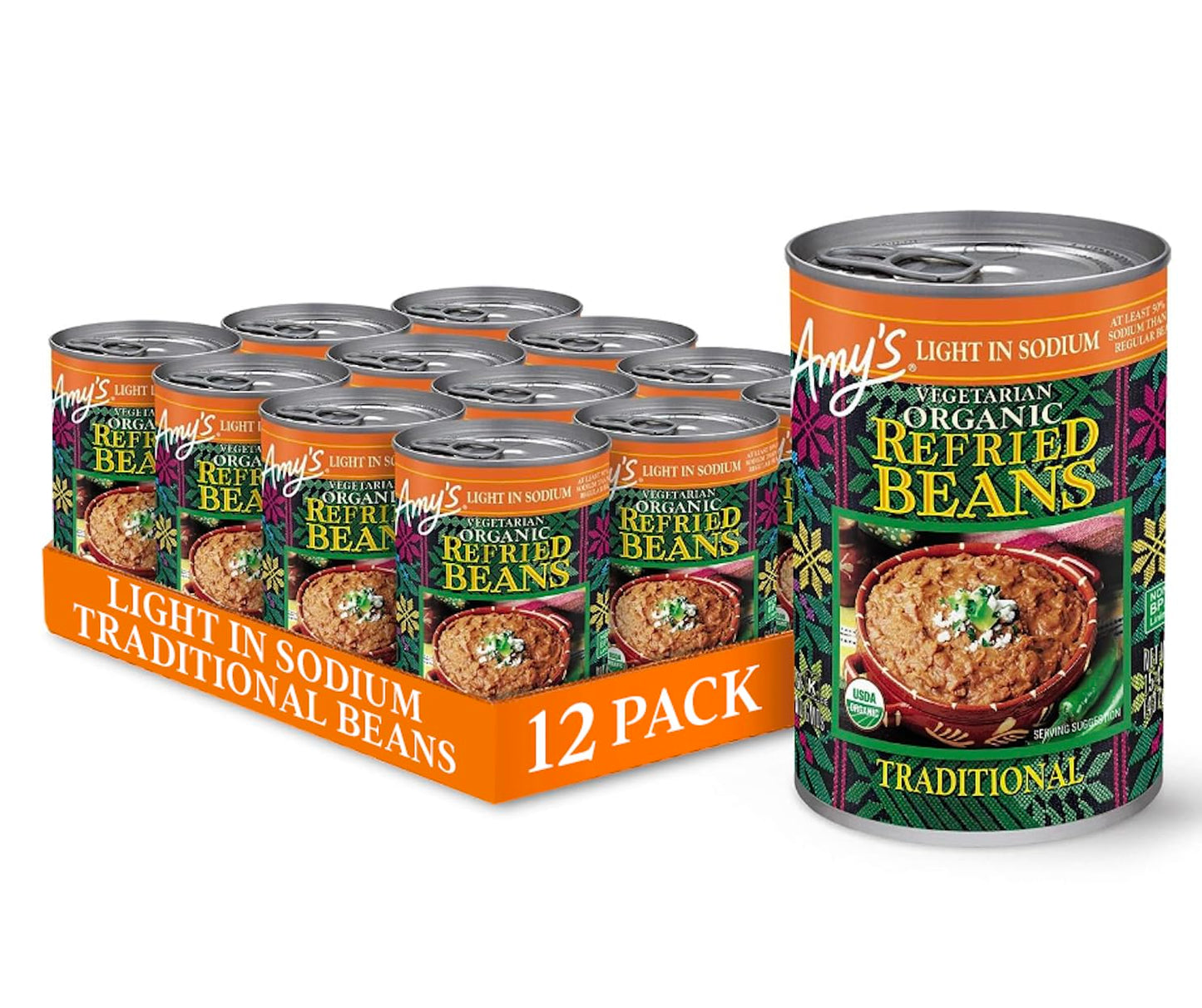 Amy'S Organic Refried Beans Canned, Traditional Beans Light In Sodium, Vegan Gluten Free And Vegetarian, 15.4 Oz (12 Pack)