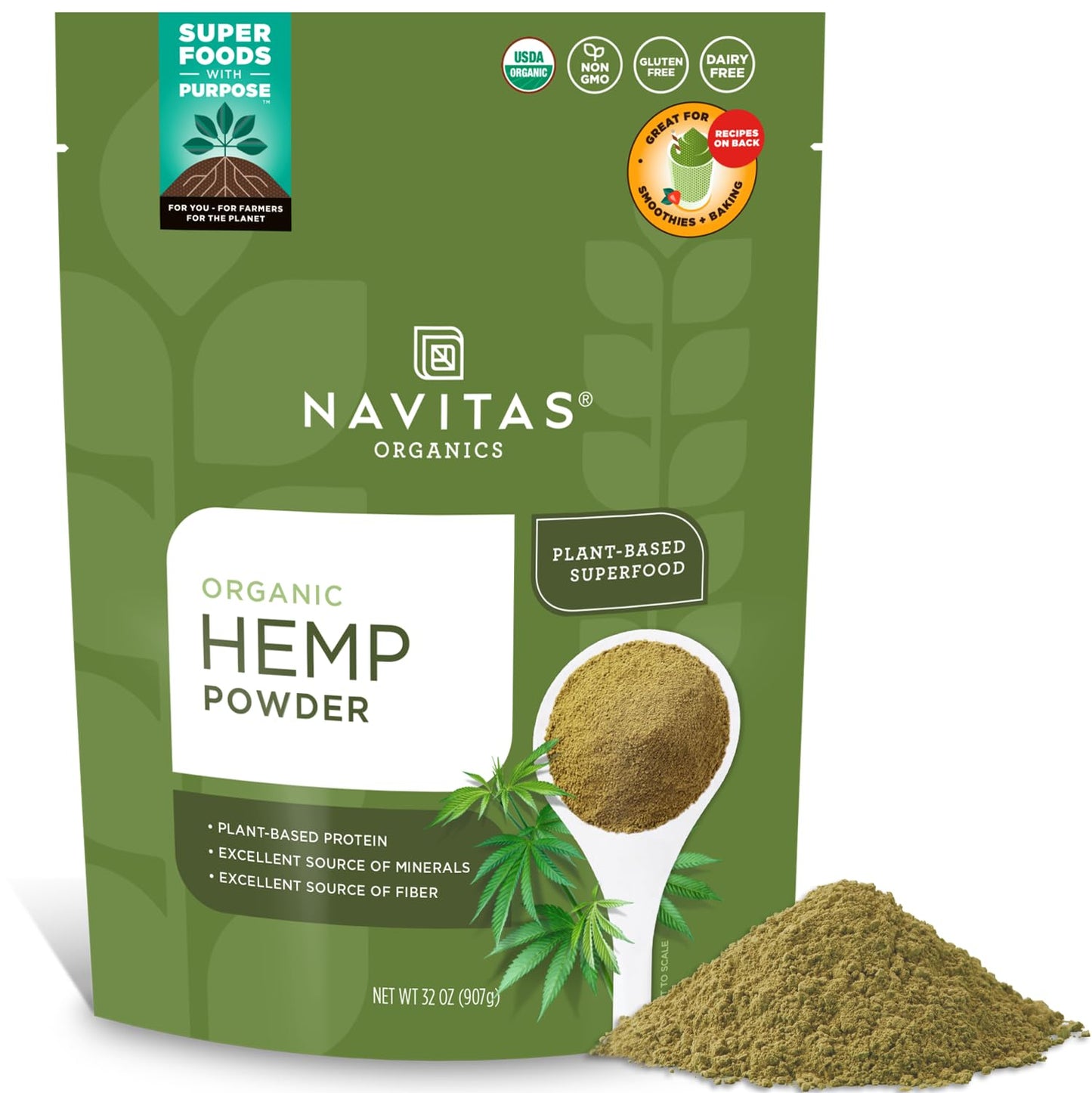 Navitas Organics Hemp Powder, 32 oz. Bag, 30 Servings - Organic, Non-GMO, Cold-Pressed, Gluten-Free