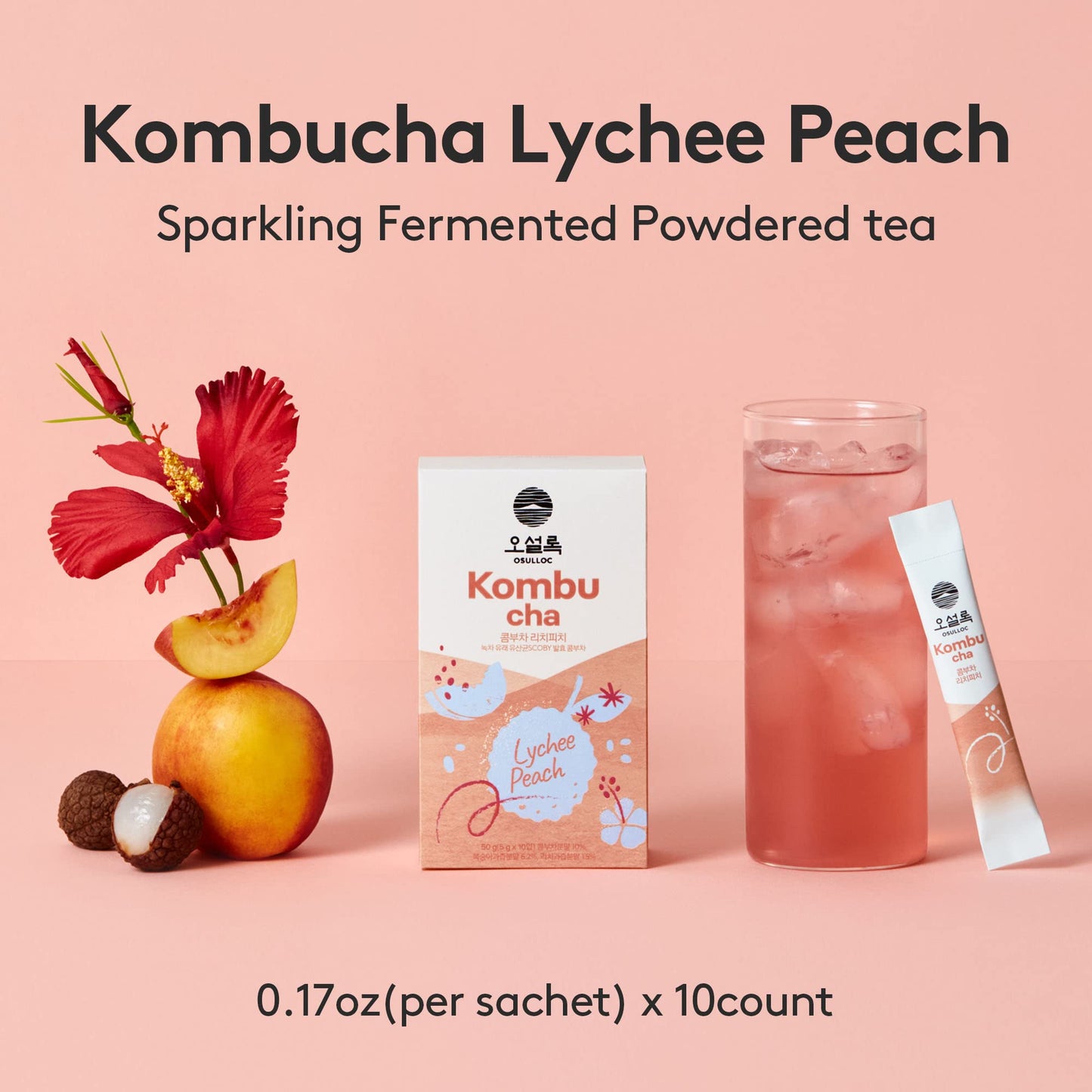 Osulloc Kombucha Tea Lycheepeach (Lychee & Peach Blending), Sparkling Powdered Mix Beverage, No Added Sugar, 10 Sticks, 1.76Oz
