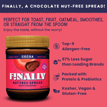 Finally Nut Free Cocoa Spread - Less Sugar Than Leading Brands - Made with USA-Grown Chickpeas, Plant-Based, Vegan, Top-9 Allerg