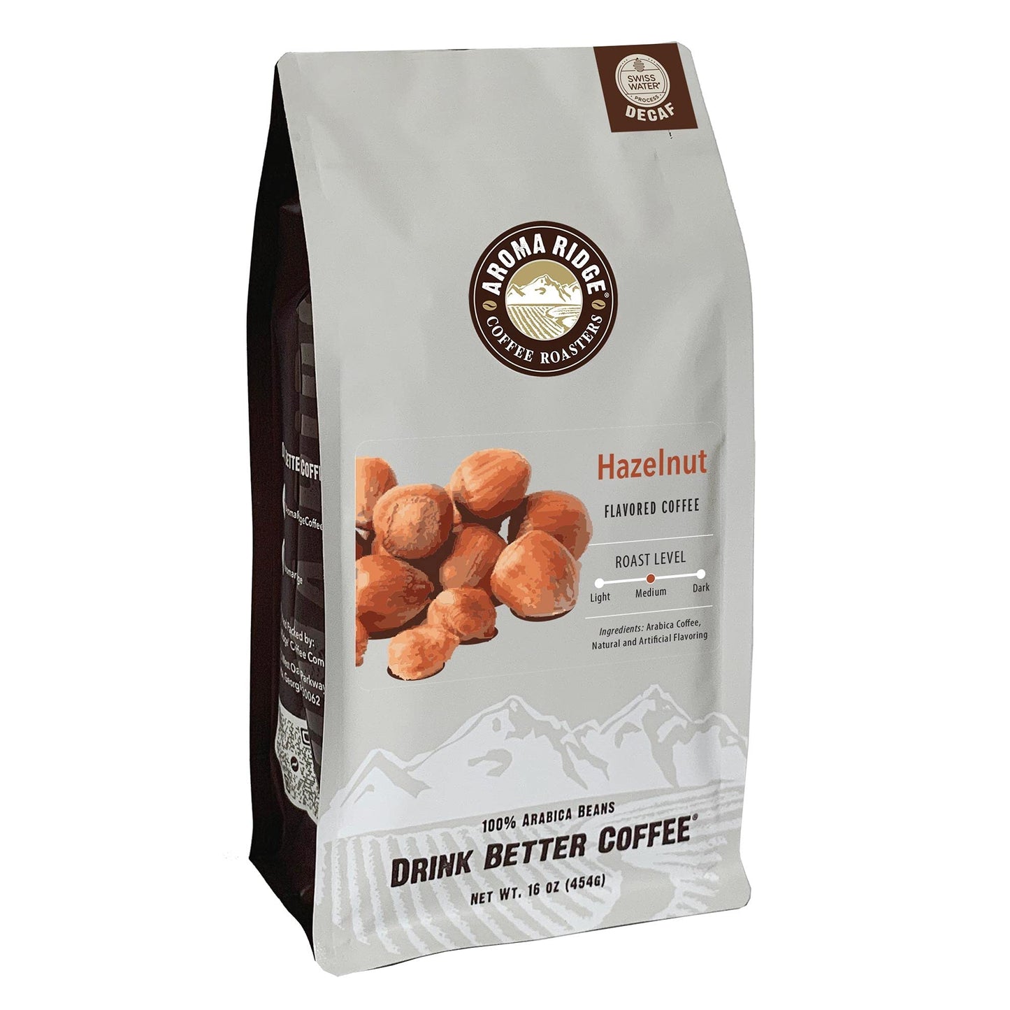Aroma Ridge Hazelnut Decaf Coffee, Swiss Water Process, Chemical-Free, 100% Arabica Beans, Medium Roast, 16 Ounces Whole Bean