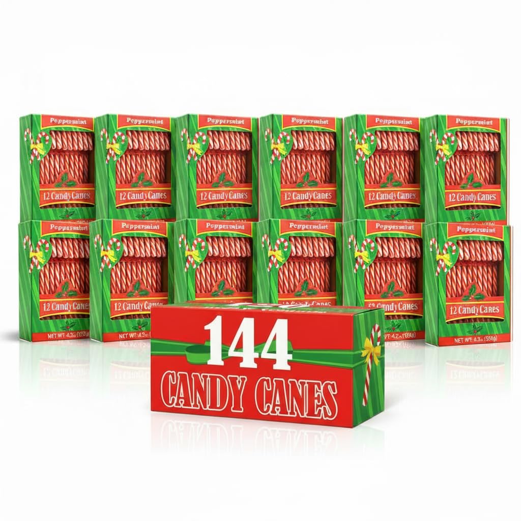 Candy Canes, Red and White Peppermint Christmas Candy, Individually Wrapped, 144 Pack, Perfect for Holiday Gifts, Stocking Stuff