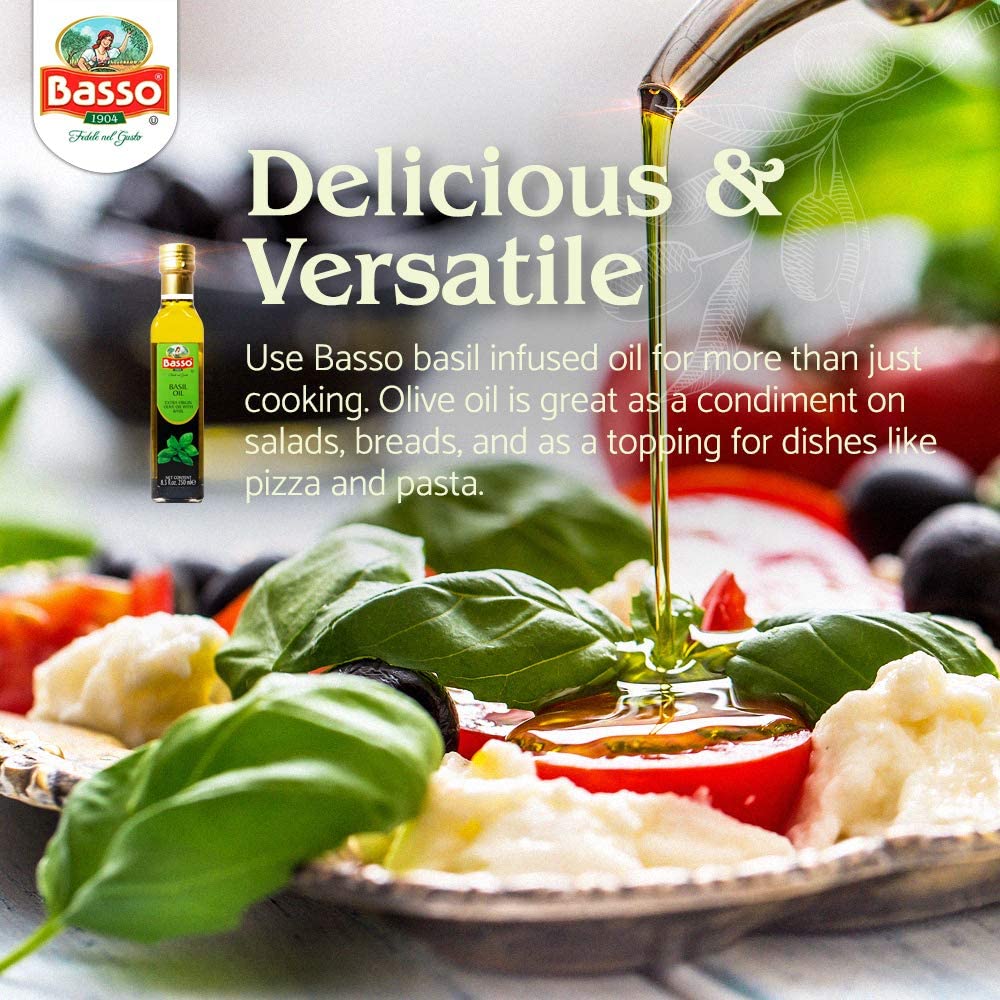 BASSO 1904 Basil Infused Extra Virgin Olive Oil, 8.5 Fl Oz (250 ml), Ideal for Cooking, Dipping, and Dressing