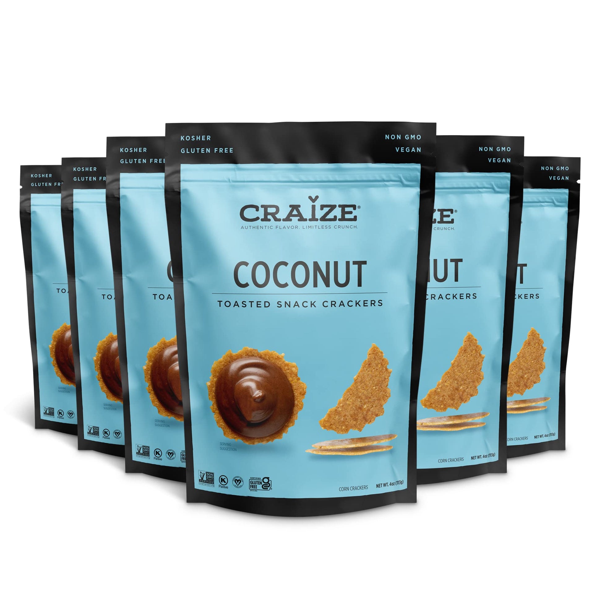 Craize Coconut Crisps | Gluten Free, Vegan, Kosher, Toasted Corn Crackers | 6 pack, 4 oz each