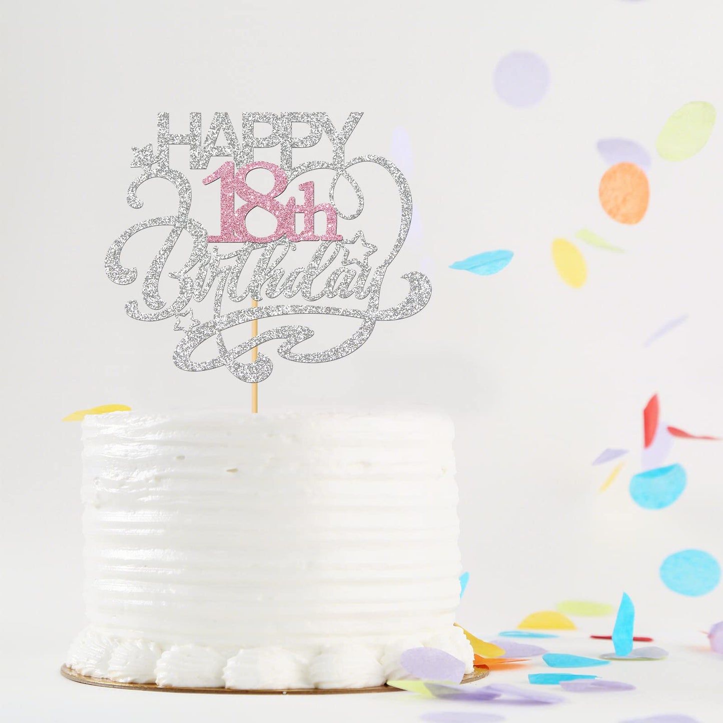 Monmon & Craft Happy18Th Birthday Cake Topper/Cheers To 18 Years/Girls 18Th Birthday Party Decor Supplies - Silver & Pink Glitte
