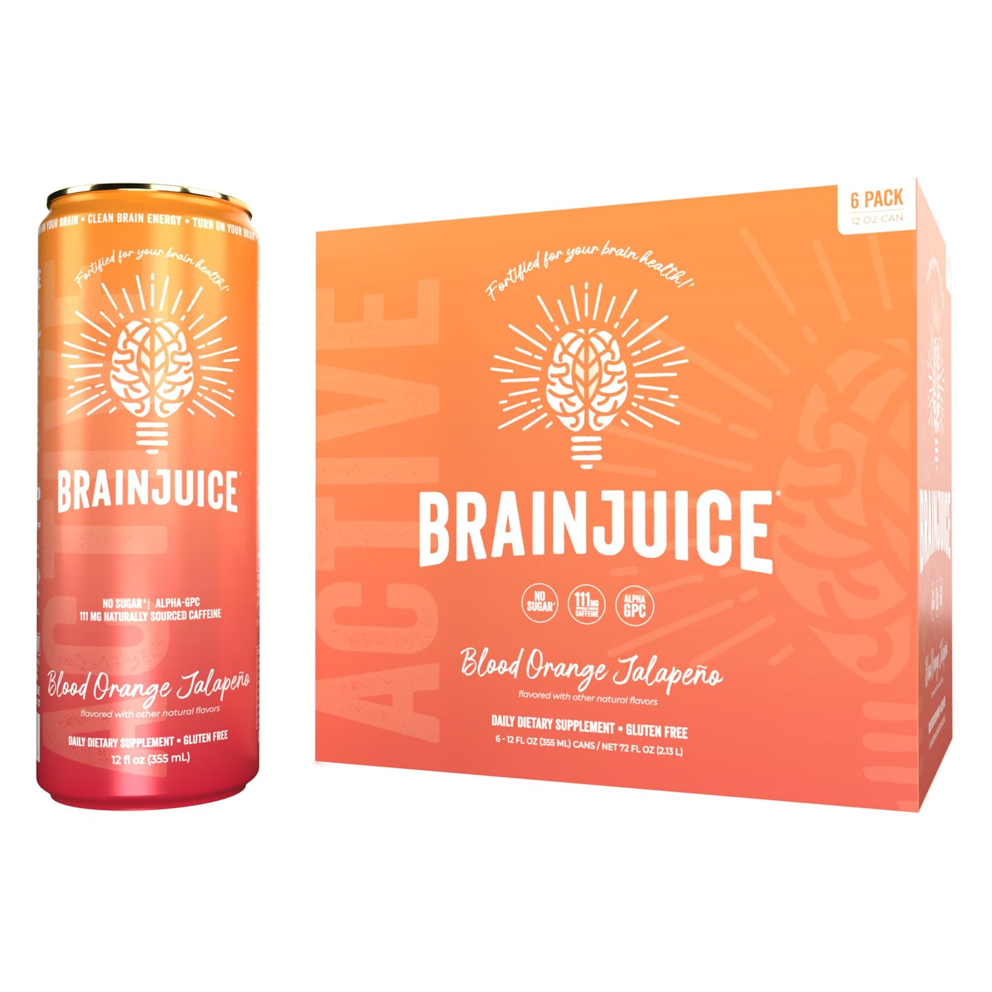 BrainJuice Brain Health Support Drink, Vegan, Gluten Free, Blood Orange Jalapeno, 12 Oz Can, 6 Pack