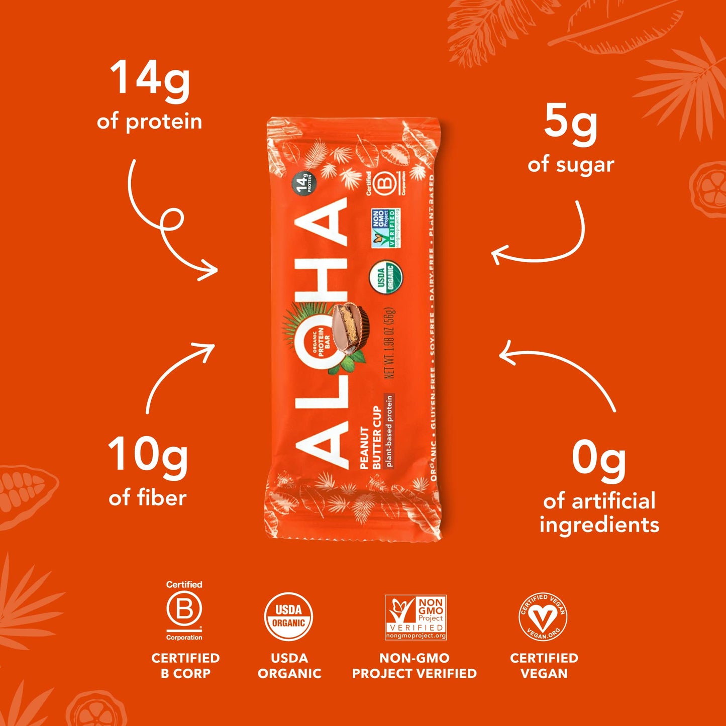 ALOHA Organic Plant Based Protein Bars - Peanut Butter Cup Bar - 12 Bars, Vegan, Low Sugar, Gluten-Free, Low Carb, Non-GMO, No S