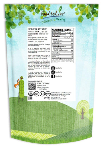 Organic Oat Bran, 4 Pounds - Non-Gmo, Kosher, Raw, Vegan, Bulk, High Fiber Hot Cereal, Milled From High Protein Oats, Product Of The Usa