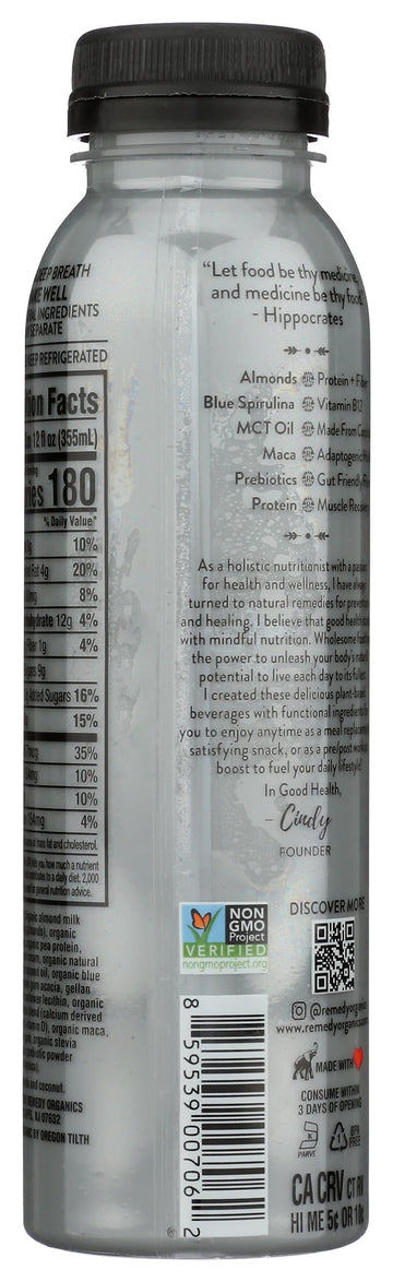 Remedy Organics Blue Essentials 12 Fl Oz | Plant Based Protein Shakes, Ready to Drink | USDA Organic, Gluten Free, Dairy Free, S